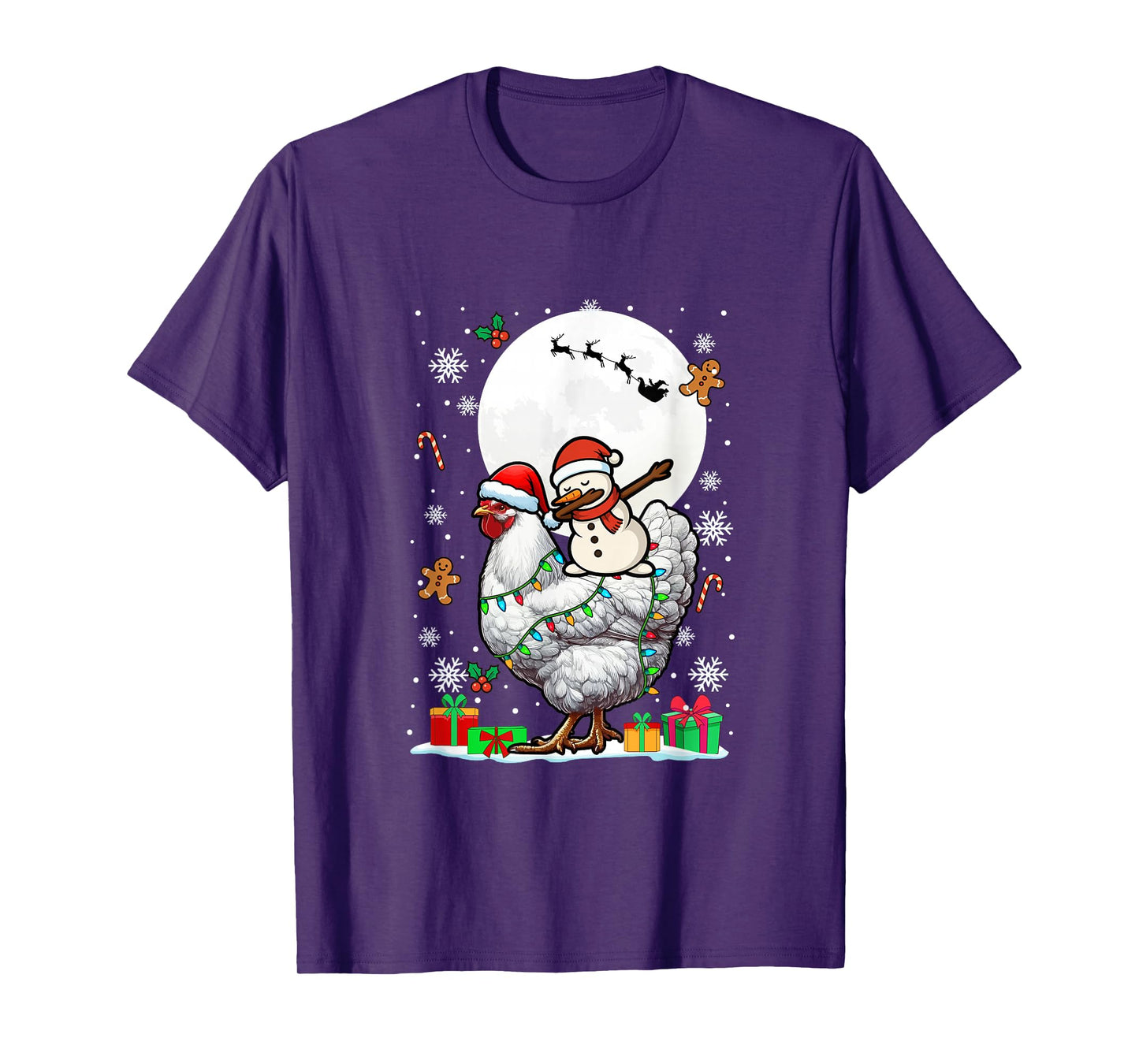 Dabbing Snowman On Chicken Christmas Santa Colorful Lights T-Shirt