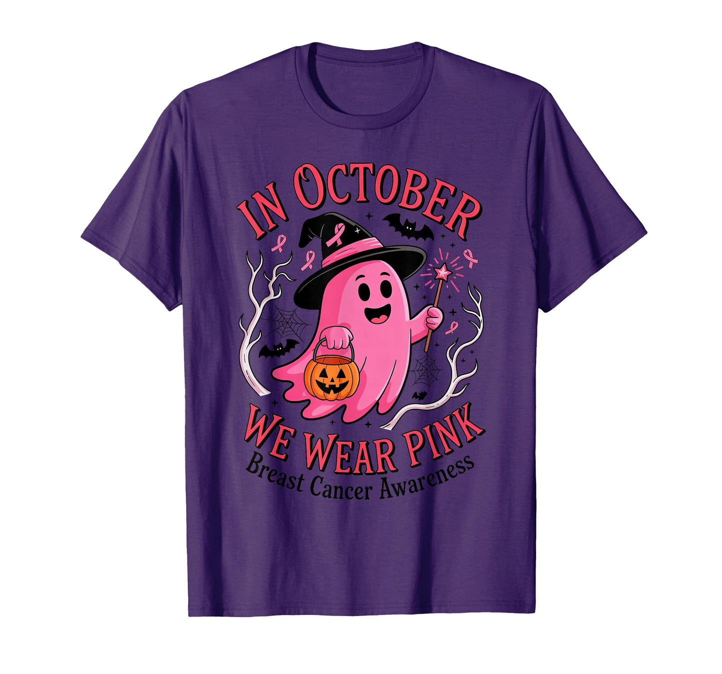 Cute Pink Ghost Witch in October We Wear Pink Breast Cancer T-Shirt