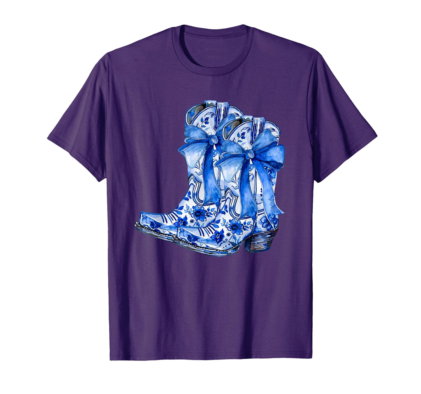 Boots Bow Coquette Coastal Cowgirl Blue Chinoiserie Floral T-Shirt