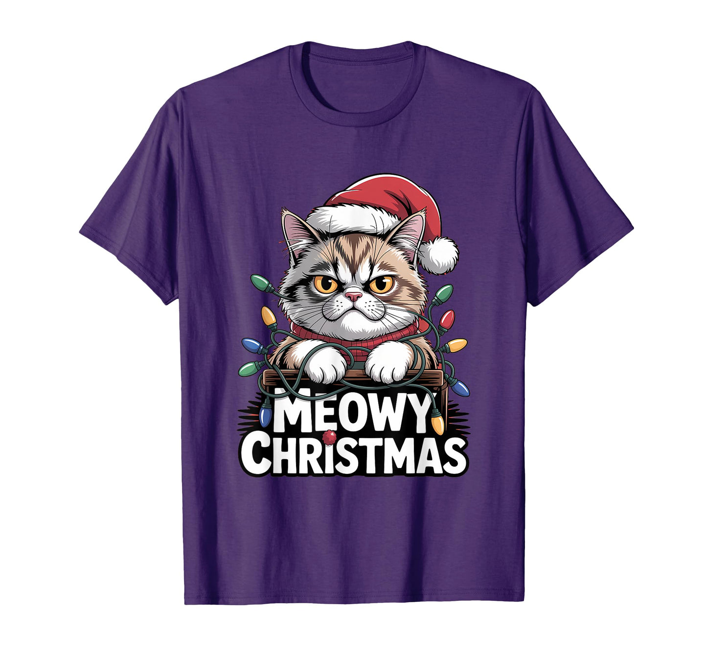 Meowy Christmas Cute Cat Santa Hat Funny Holiday T-Shirt