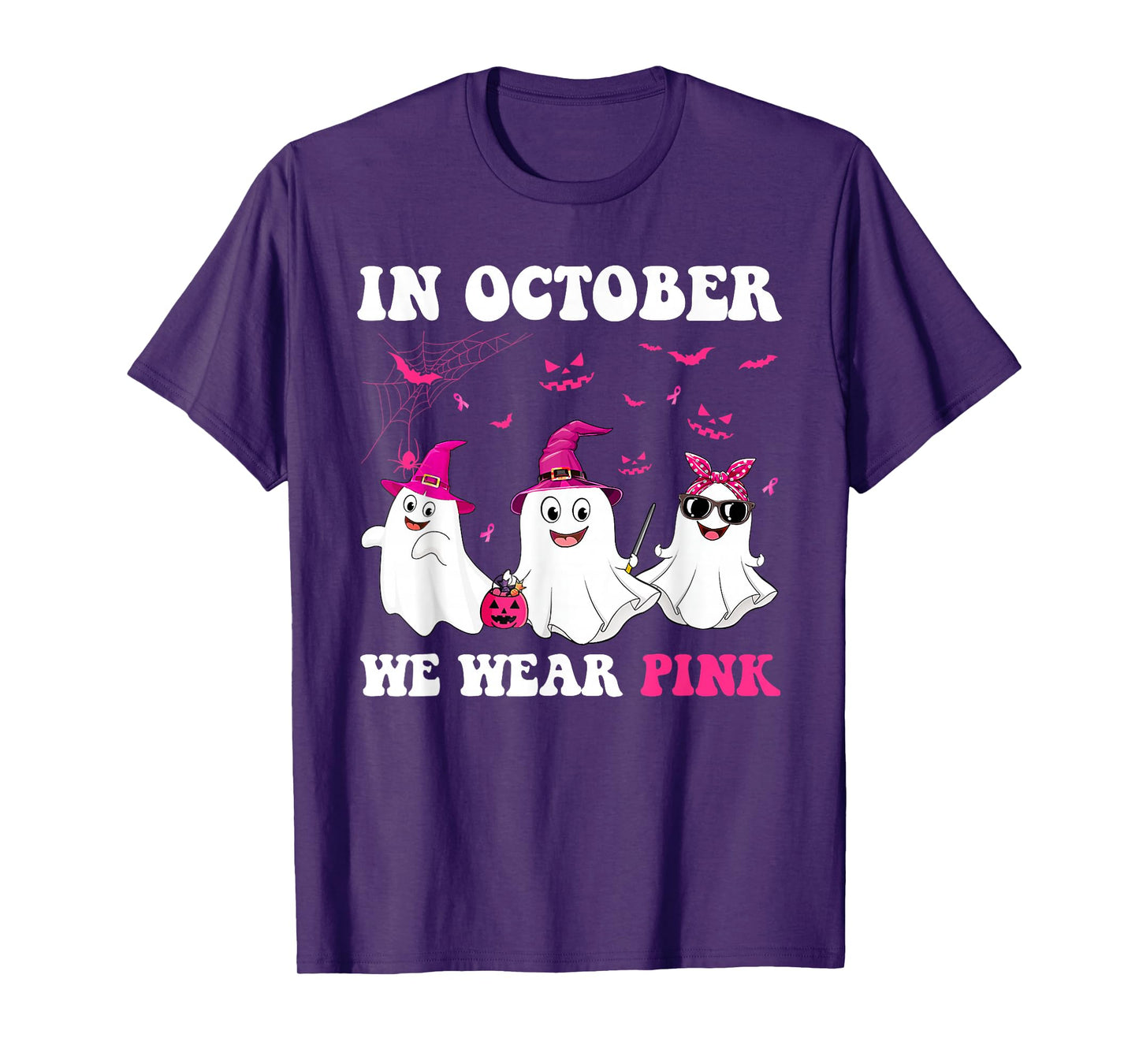 in October We Wear Pink Ghost Witch Breast Cancer Awareness T-Shirt