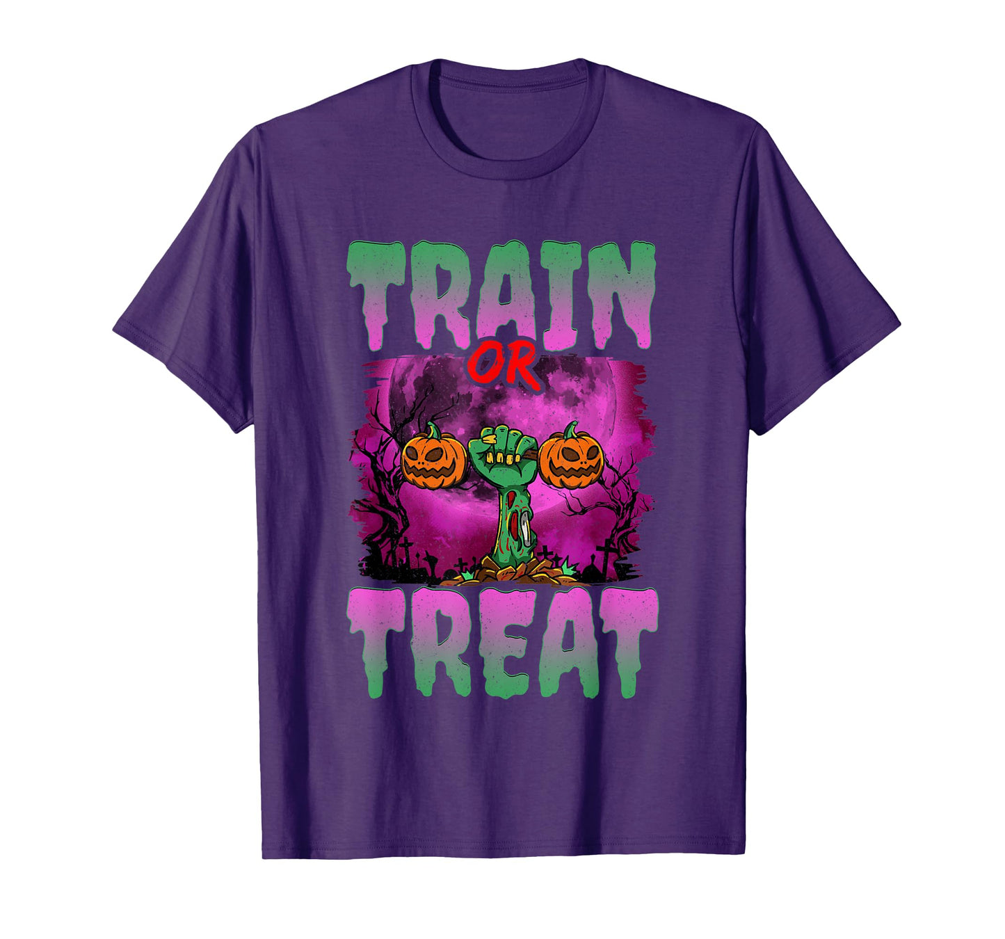 Train Or Treat Halloween Gym Weightlifting Zombie Fitness T-Shirt