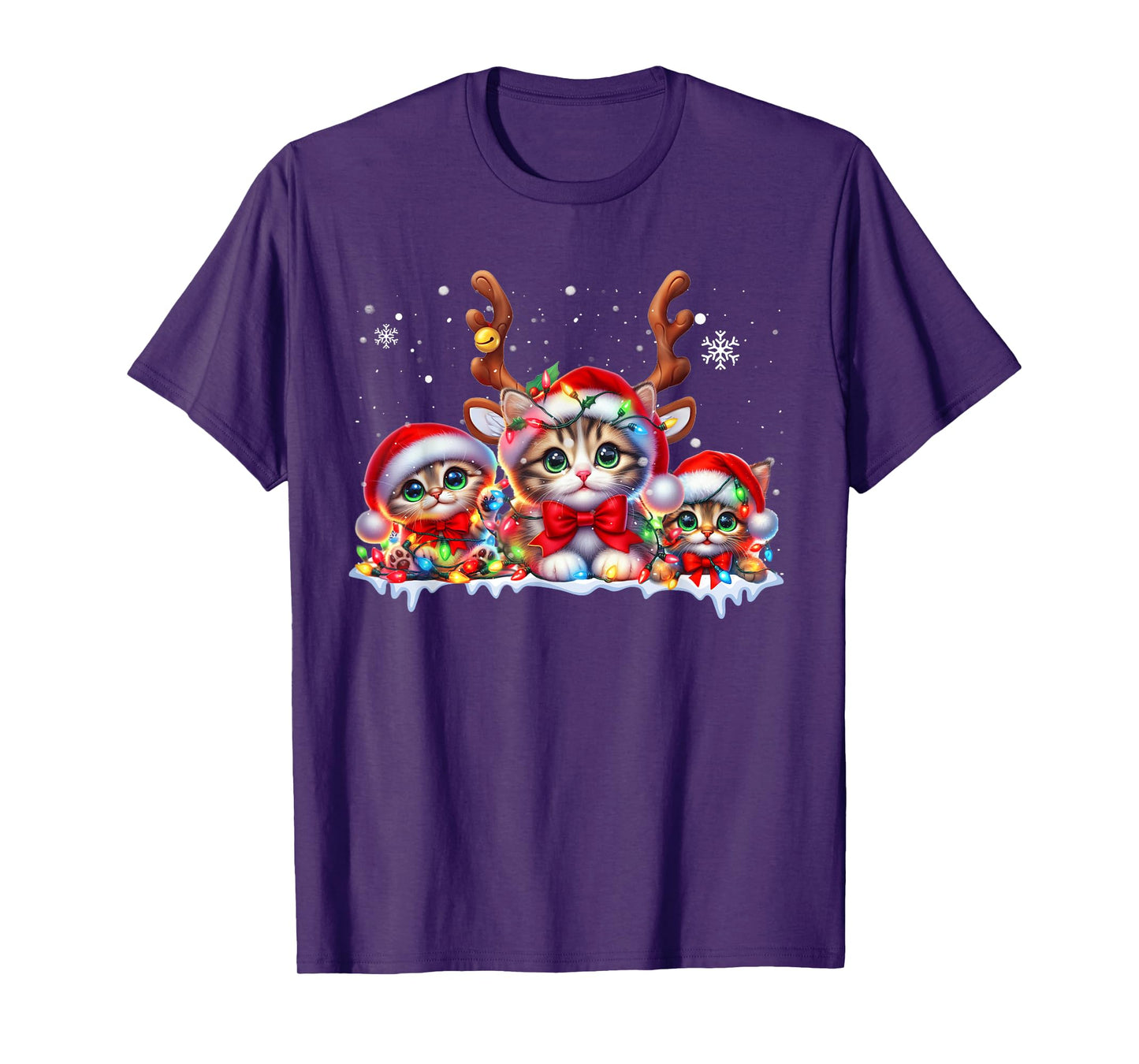 Cat Christmas Light Reindeer Santa Hat Xmas Funny Cat Lover T-Shirt