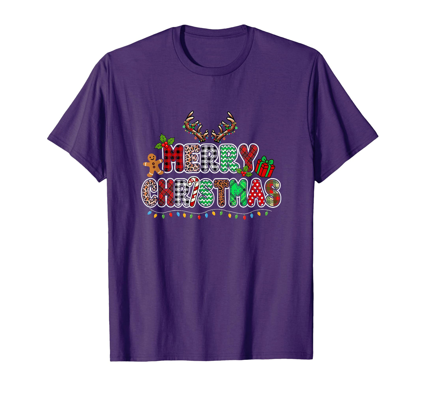 Merry Christmas Leopard Colorful Lights Reindeer Gingerbread T-Shirt