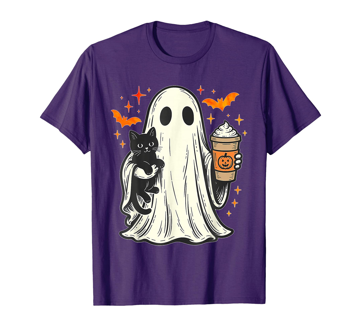Vintage Halloween Ghost Holding Black Cat Ice Coffee Lover T-Shirt
