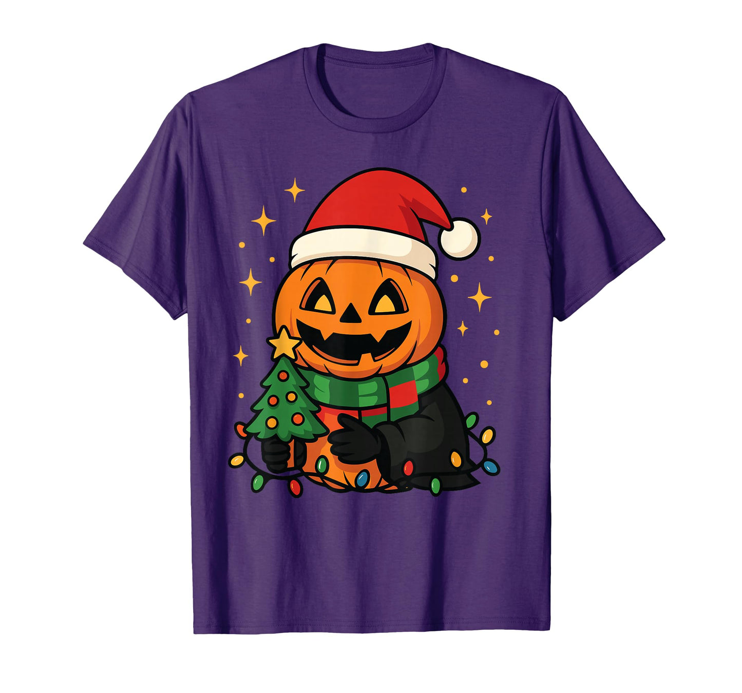 Pumpkin Santa Scarf Tree Lights Merry Christmas Halloween T-Shirt