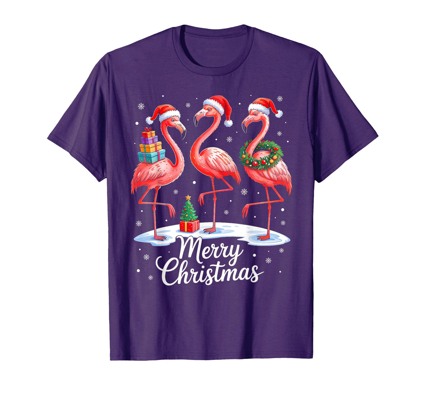 Pink Flamingo Xmas Lights Santa Hat Pajama Merry Christmas T-Shirt