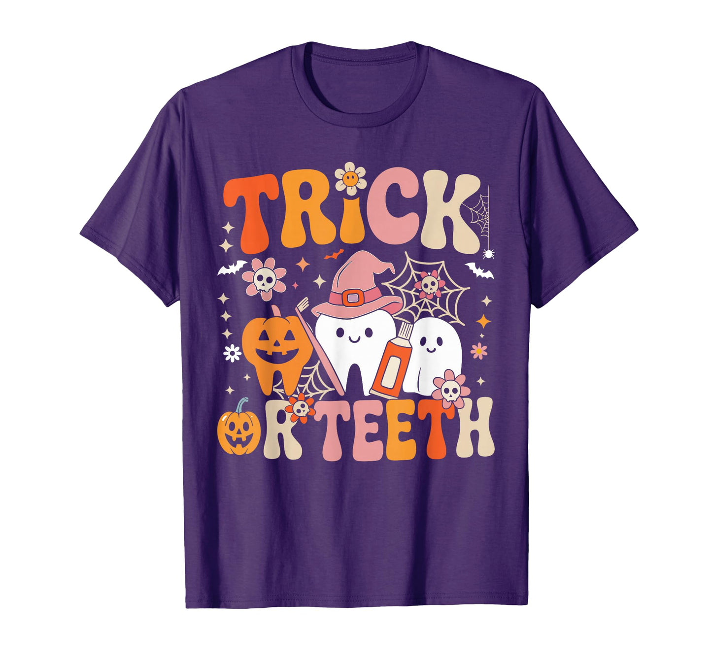 Halloween Dentist Trick Or Teeth Groovy Tooth Witch Ghost T-Shirt