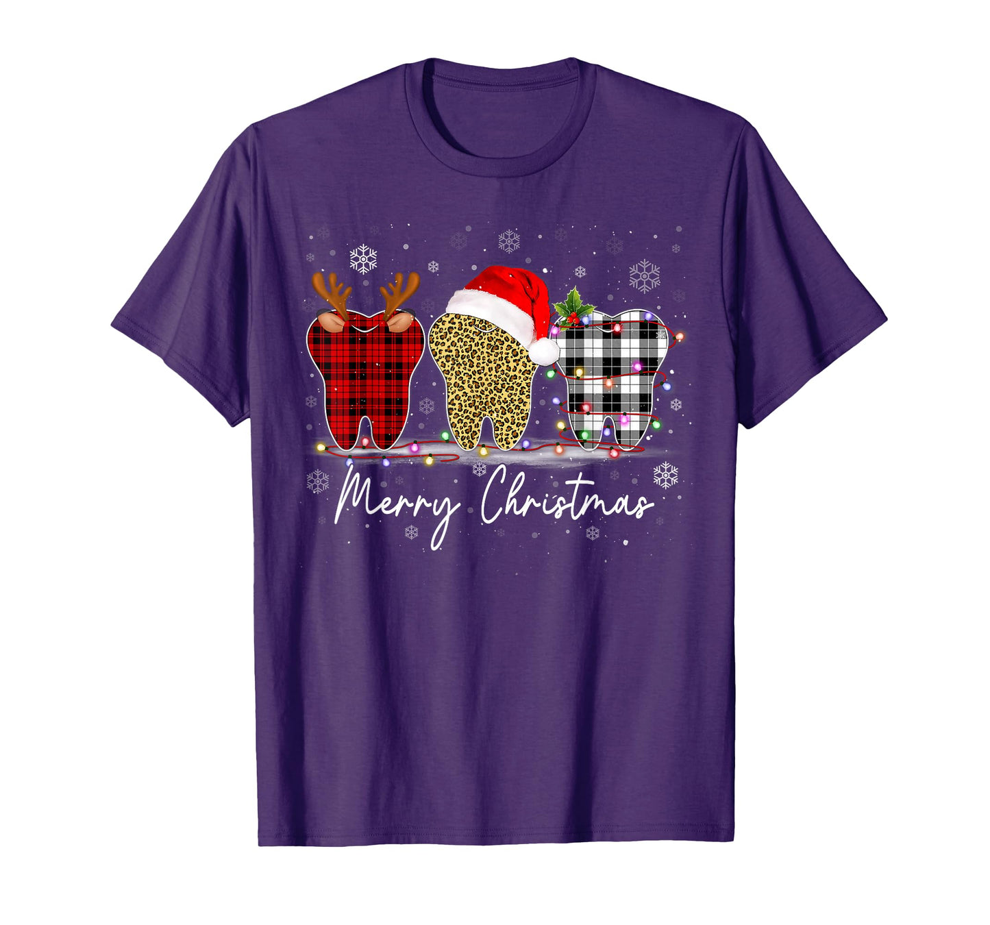 Merry Christmas Dentist Leopard Plaid Teeth Xmas Pajamas T-Shirt