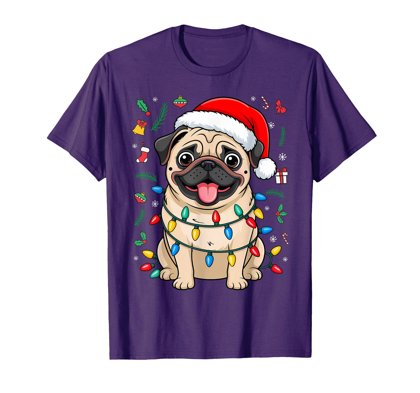 Pug Santa Christmas Tree Lights Xmas Boys Pugmas Dog Dogmas T-Shirt
