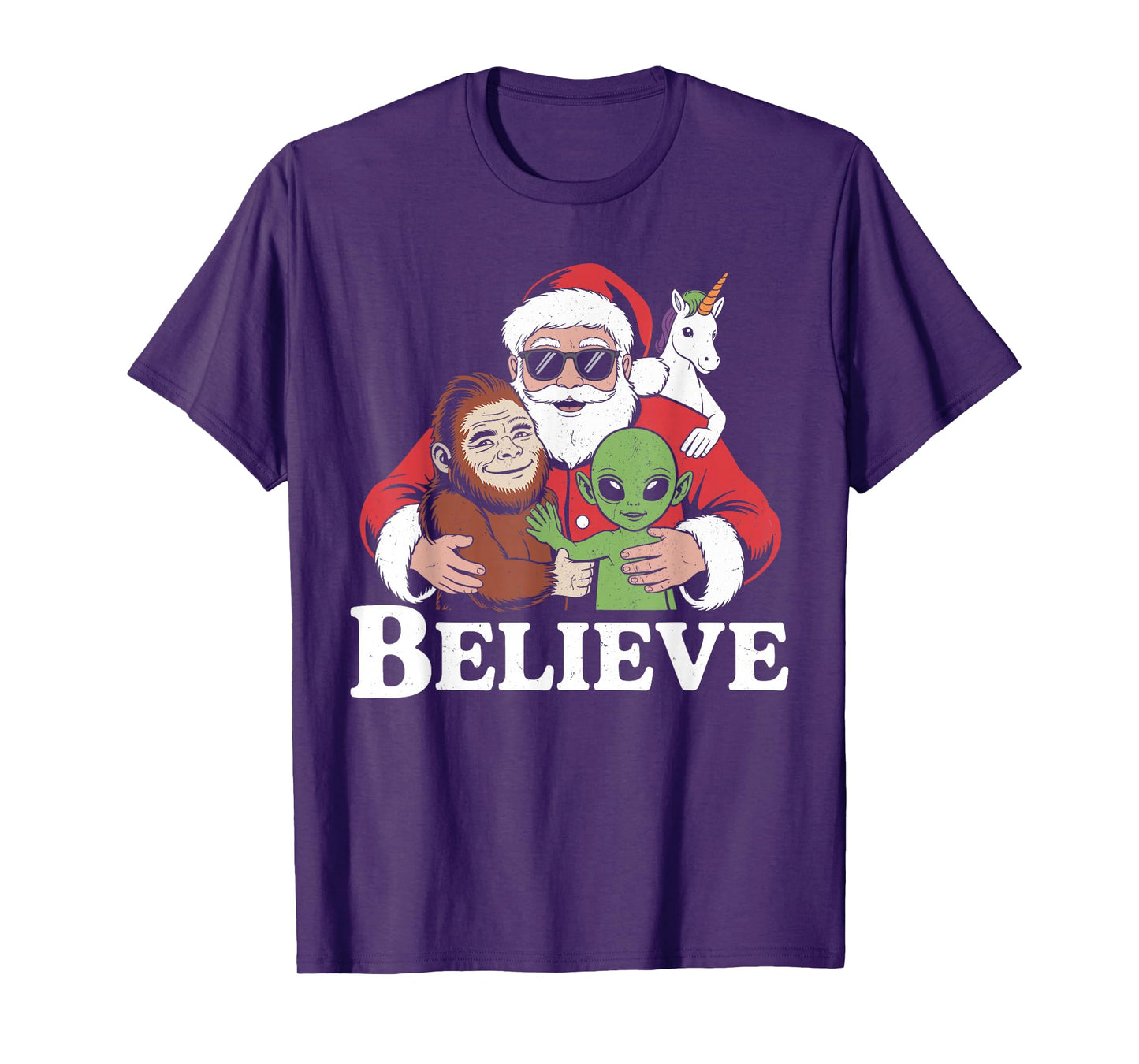 Believe Bigfoot Alien Santa Unicorn Christmas Funny T-Shirt