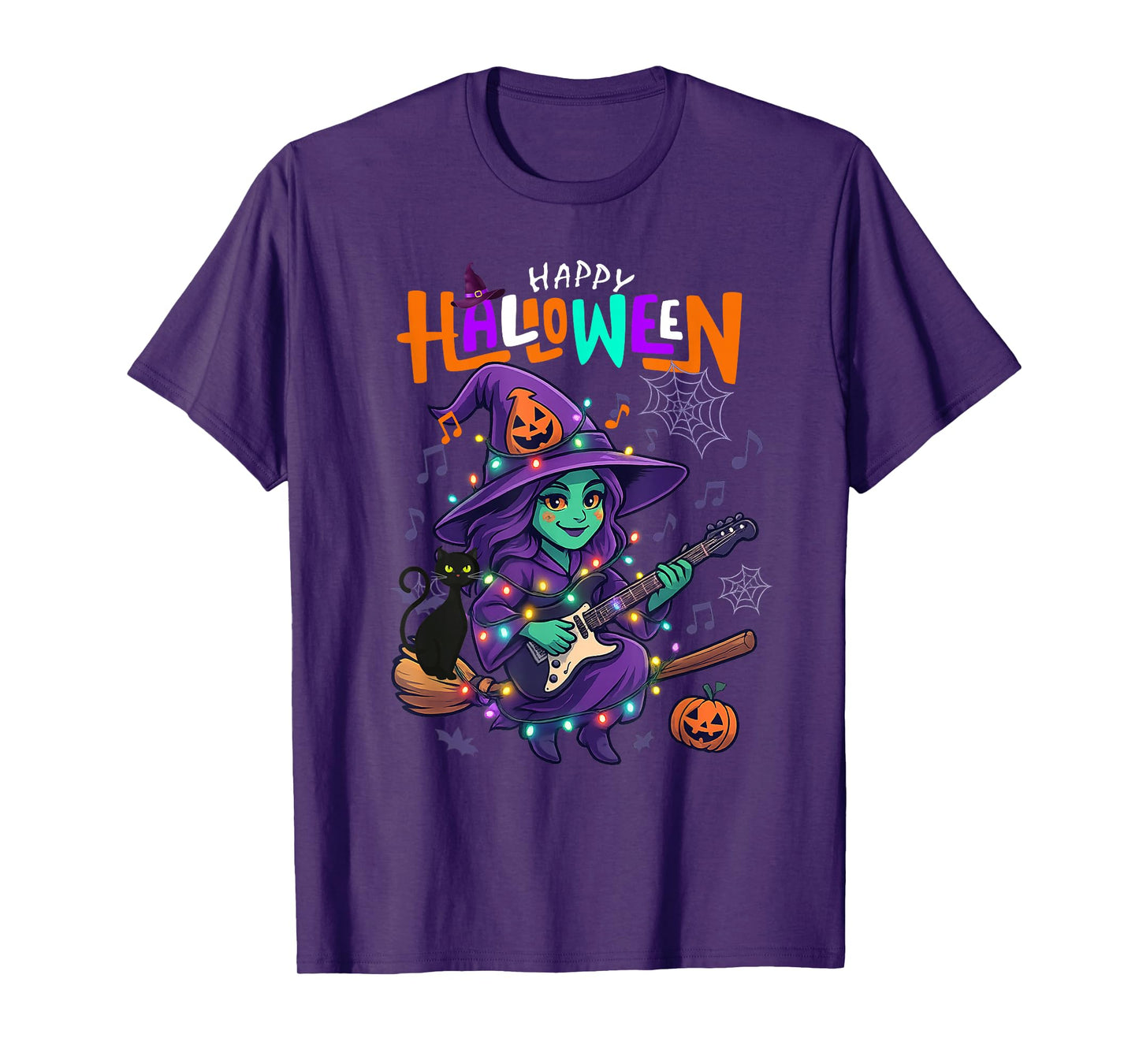 Funny Witch Playing Guitar Happy Halloween Boys Girls Kids T-Shirt
