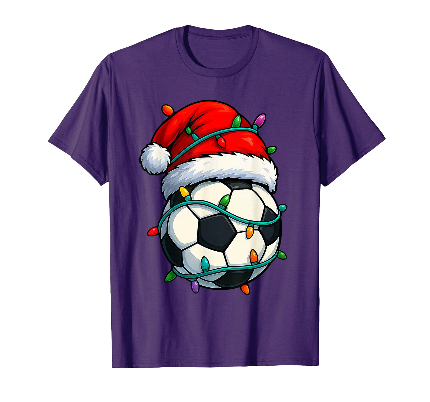 Christmas Soccer Ball Santa Hat Lights Colorful Funny Player T-Shirt