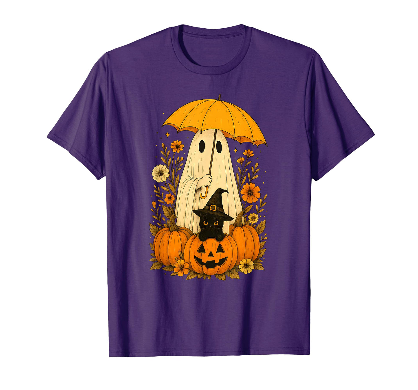 Vintage Halloween Ghost and Black Cat Groovy Floral T-Shirt