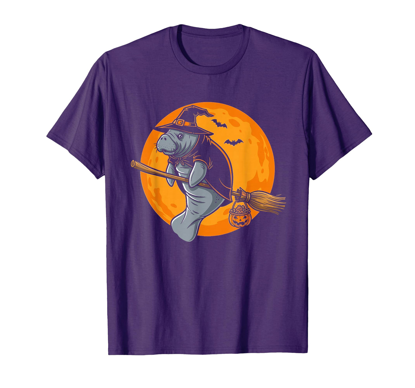 Witch Spooky Haunted Manatee Broomstick Moon Halloween Funny T-Shirt