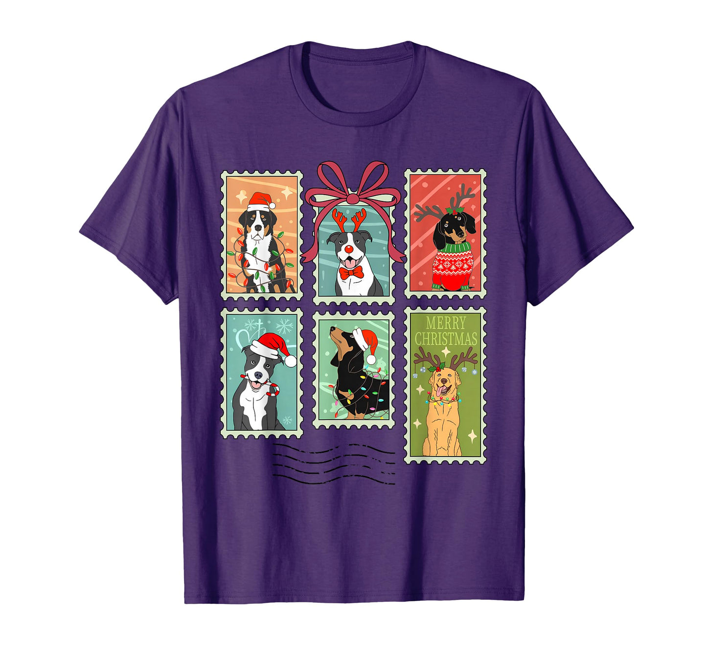 Vintage Merry Christmas Dogs Santa Stamps Reindeer Coquette T-Shirt