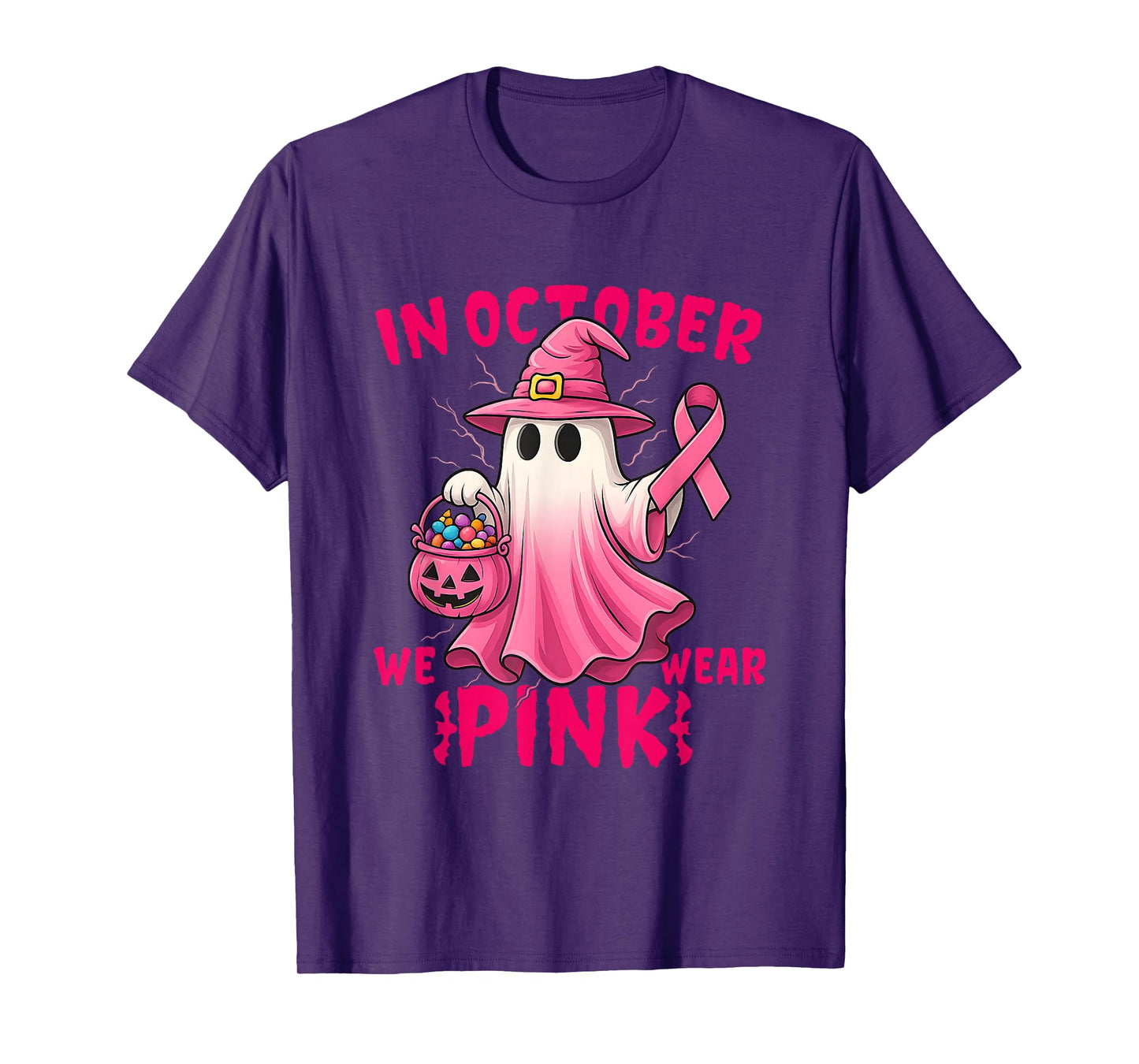 in October We Wear Pink Ghost Witch Breast Cancer Awareness T-Shirt