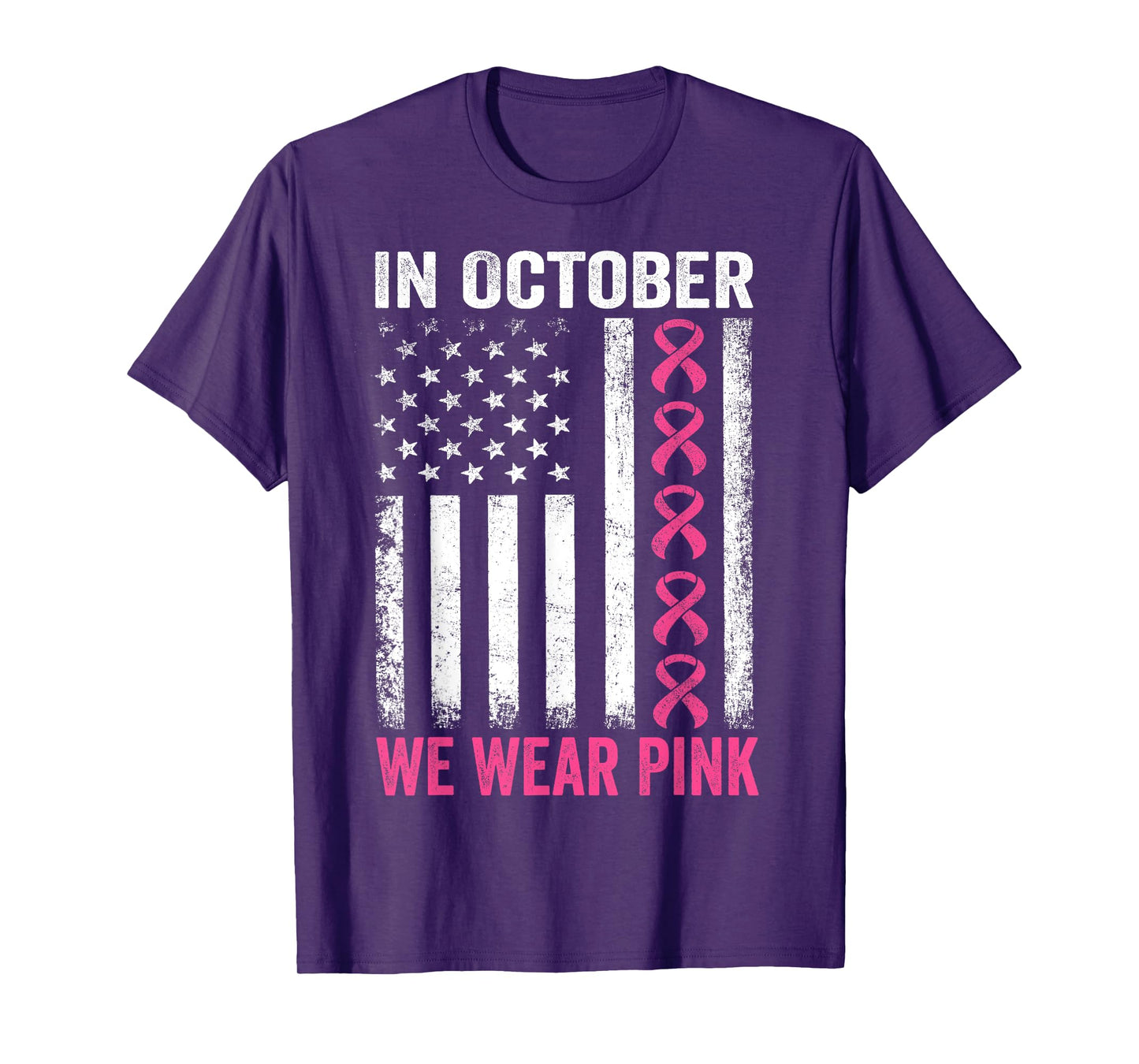 In October we Wear Pink Us Flag Breast Cancer Awareness T-Shirt