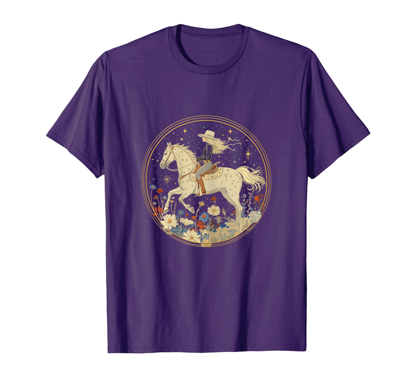 Cowgirl Riding Horse In Wildflower Field Floral Horse Girl T-Shirt