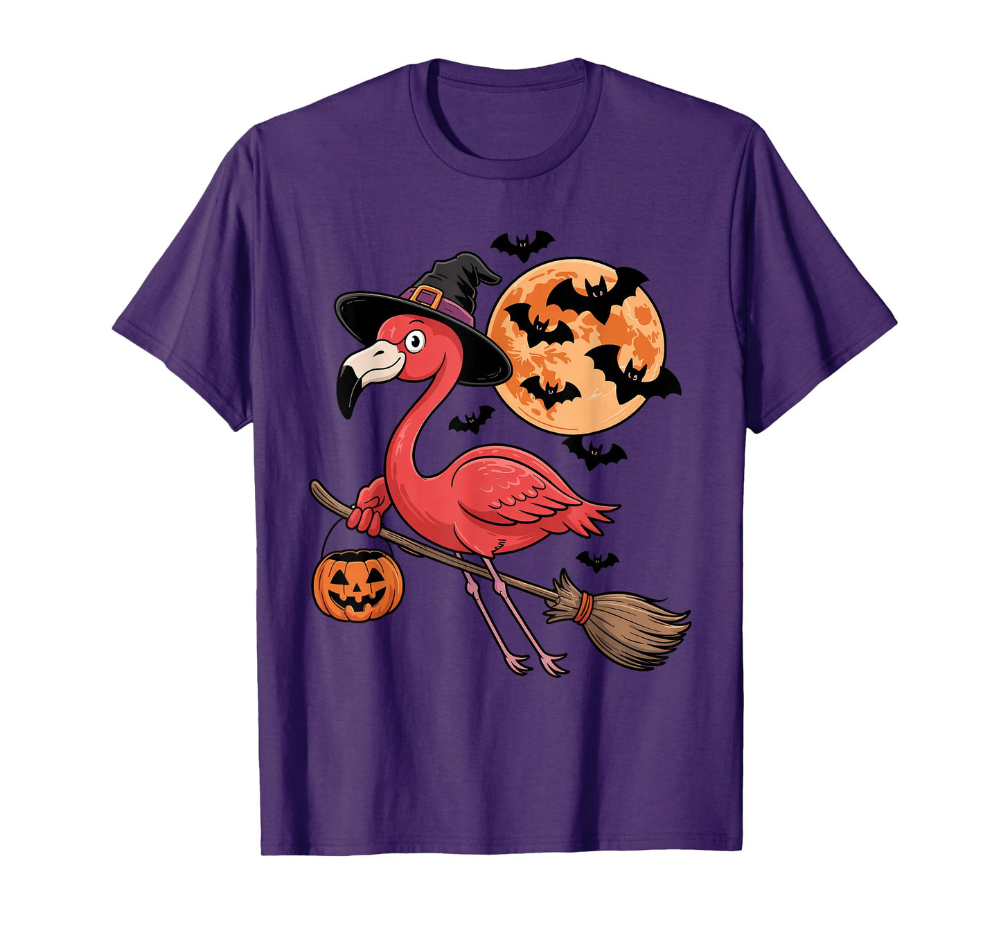 Cute Flamingo Witch Riding Broom Halloween Pumpkin Kids Boys T-Shirt