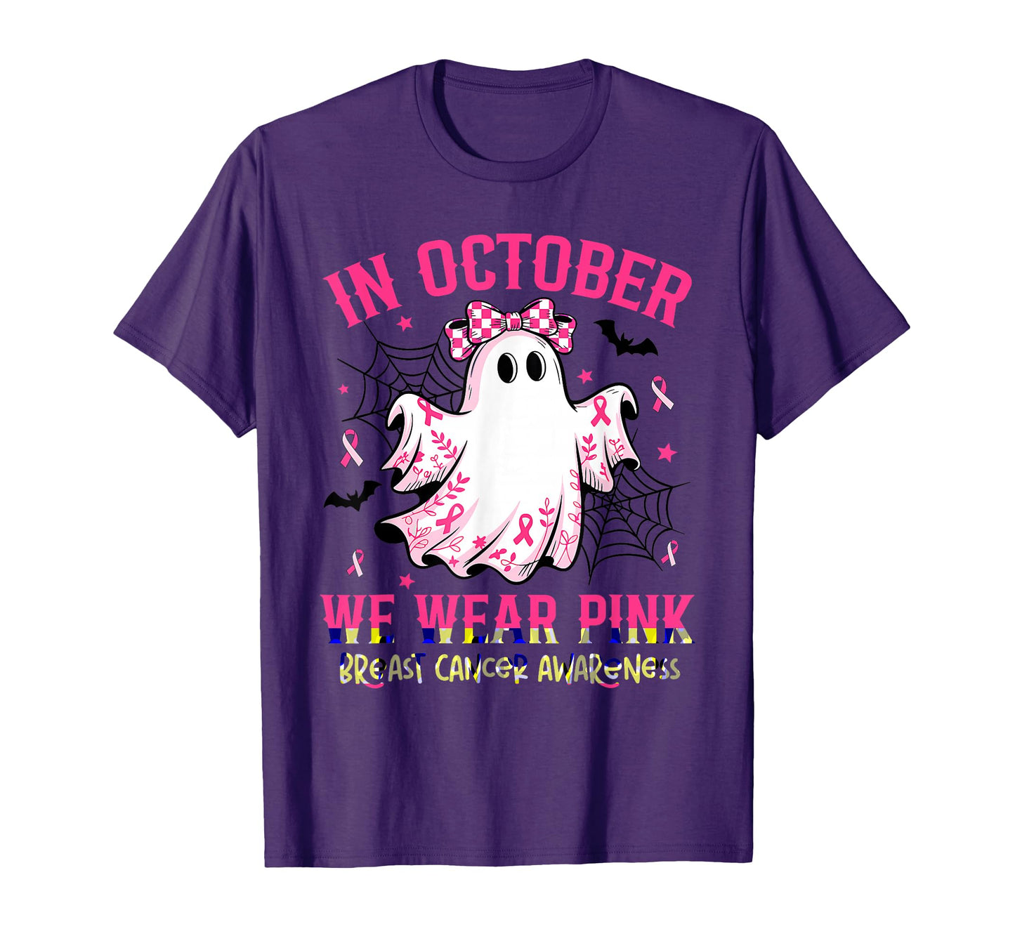 in October We Wear Pink Ghost Witch Breast Cancer Awareness T-Shirt