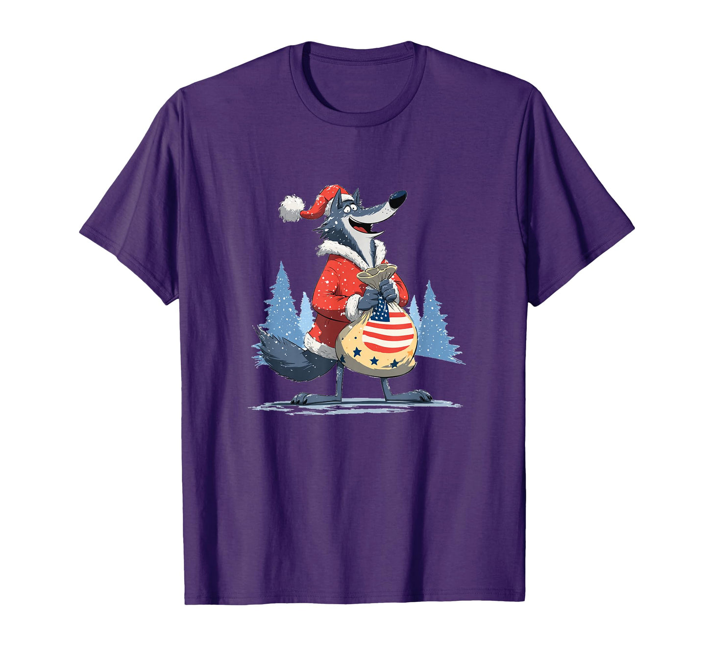 Cartoon Wolf in Christmas with Santa Bag for Boys and Girls T-Shirt