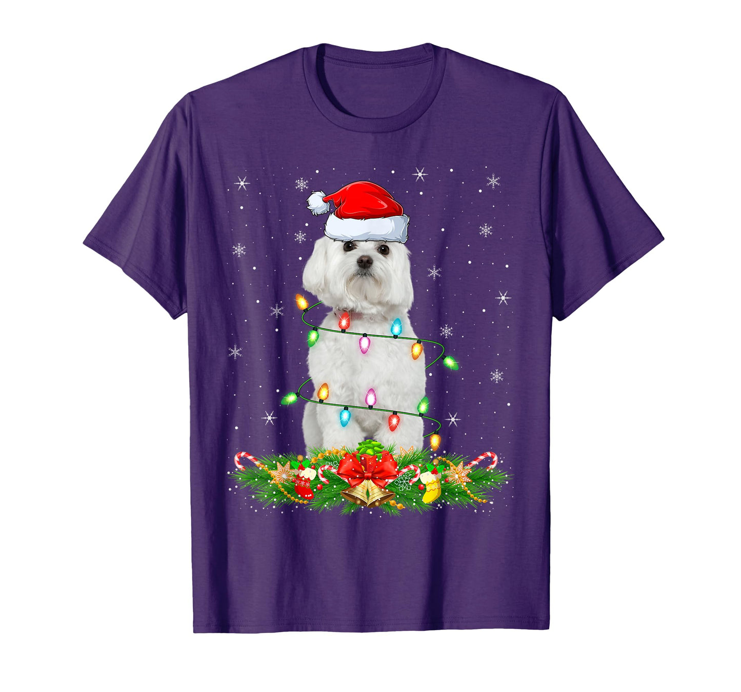 Maltese Dog Christmas Lights Funny Santa Hat Xmas T-Shirt