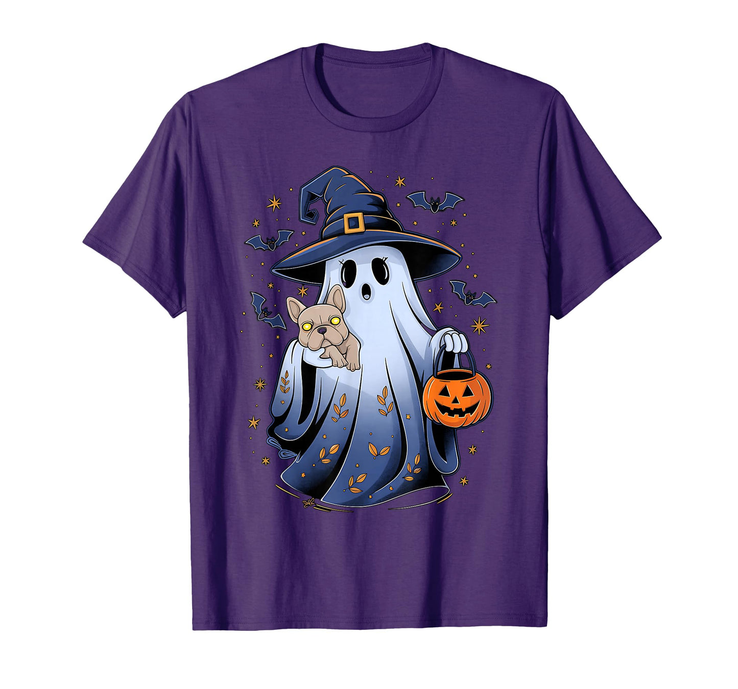 Cute Ghost Witch Holding French Bulldog Pumpkins Halloween T-Shirt