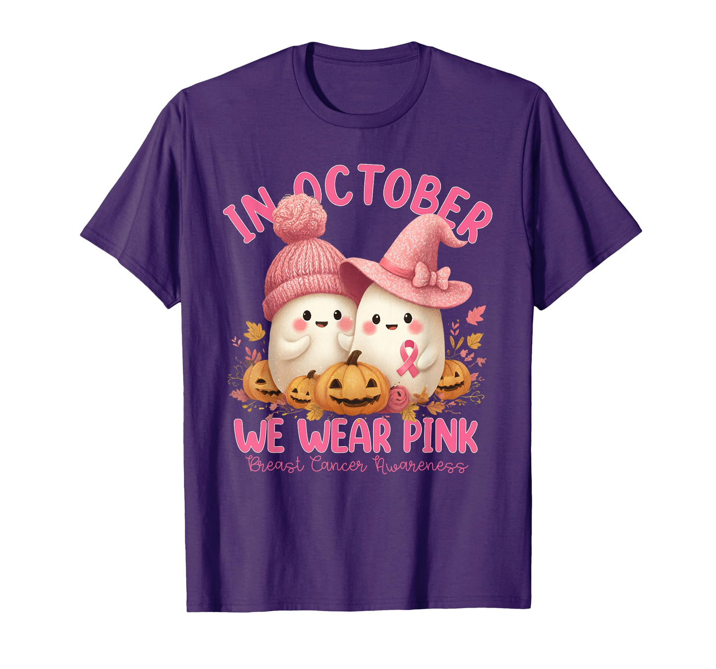 in October We Wear Pink Ghost Witch Breast Cancer Awareness T-Shirt
