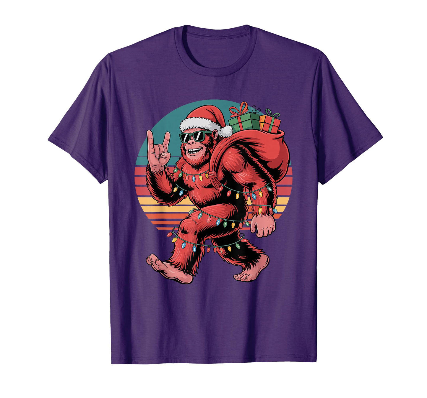 Retro Santa Bigfoot Christmas Funny Sasquatch Xmas Lights T-Shirt