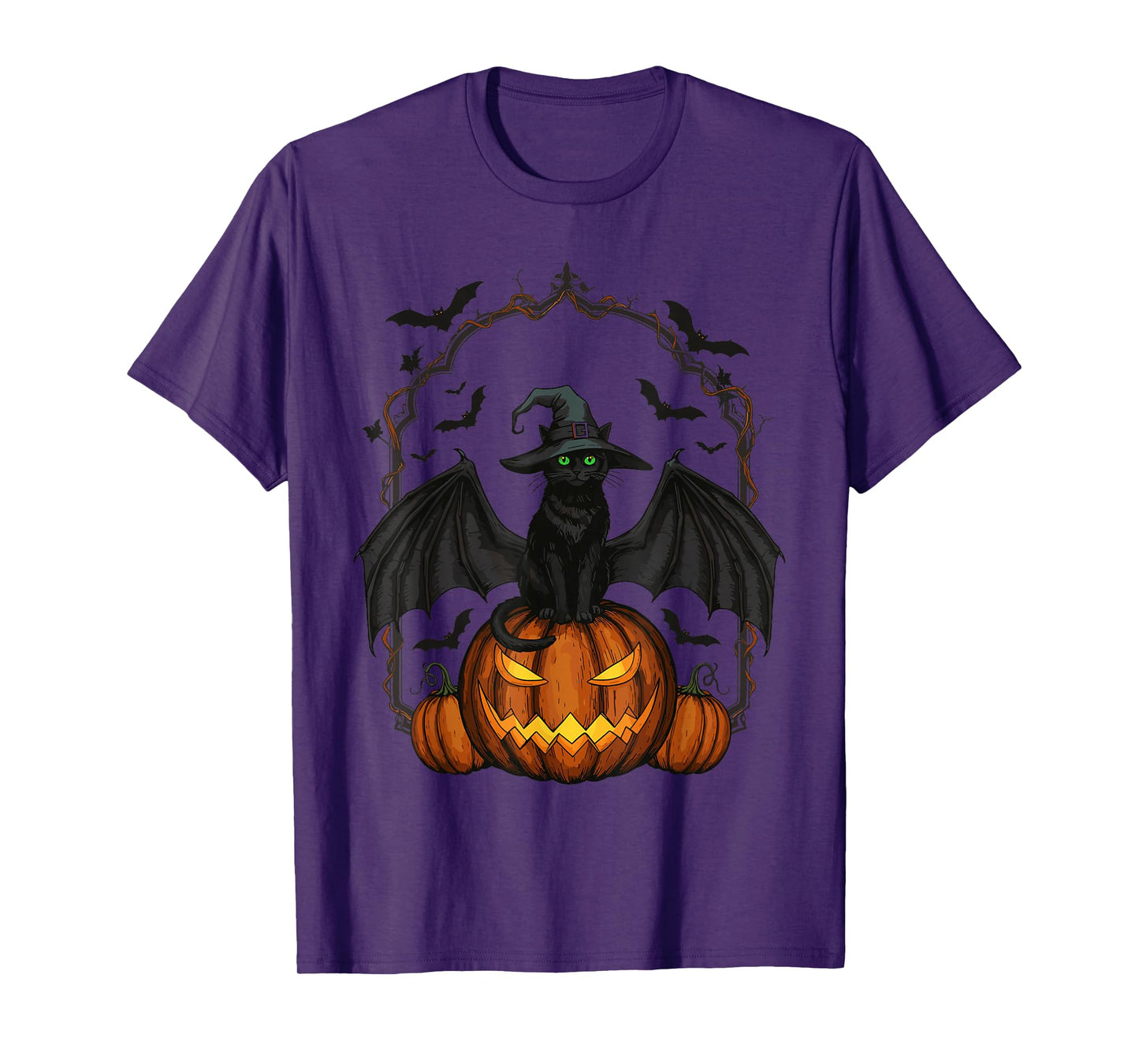 Cat Lovers Witch Hat Bats Pumpkin Spooky Halloween Night T-Shirt