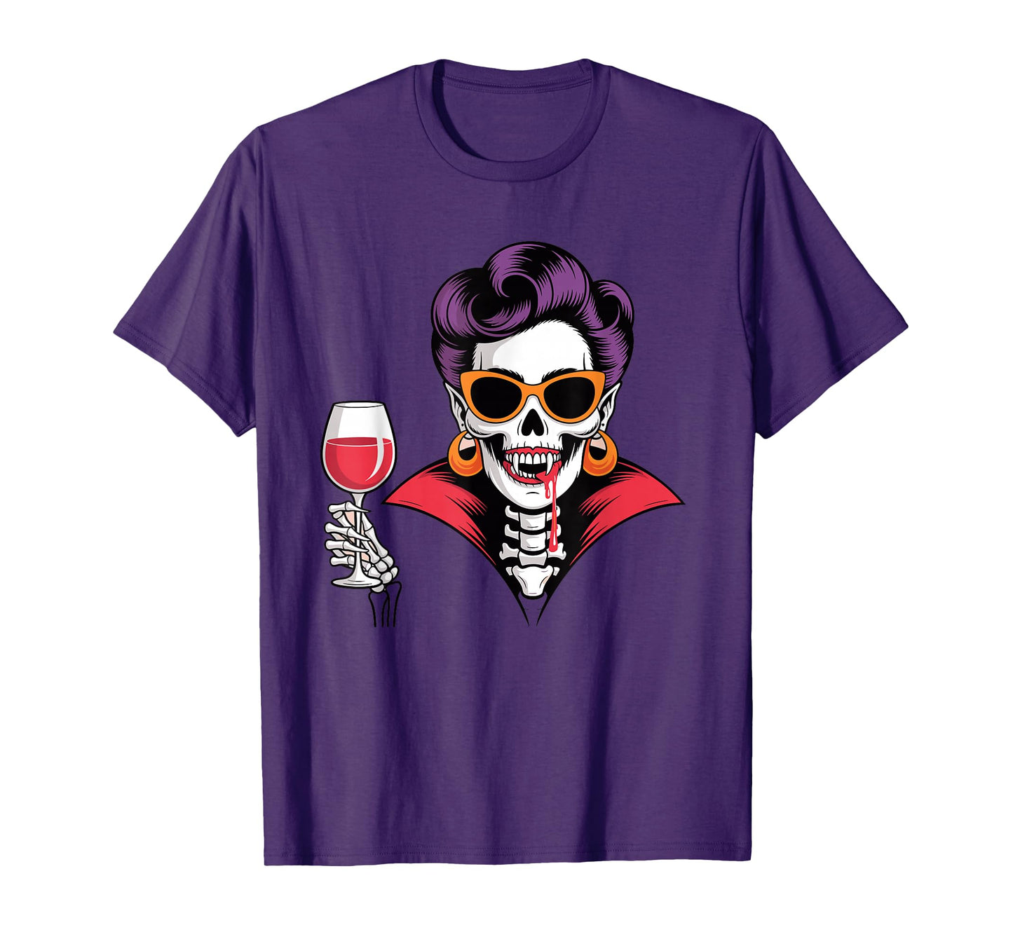 Vampire Skeleton Woman with Wine Funny Halloween Art T-Shirt