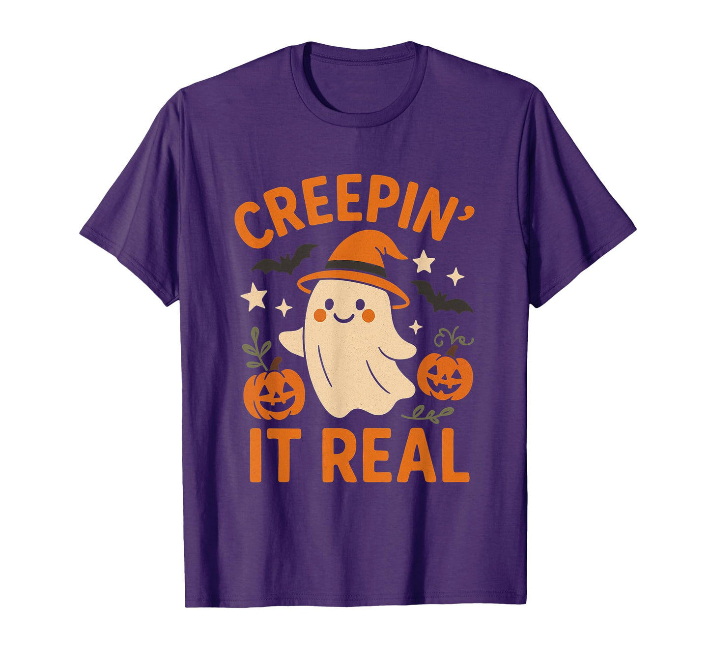 Creepin’ It Real – Cute Ghost with Pumpkins Halloween Design T-Shirt