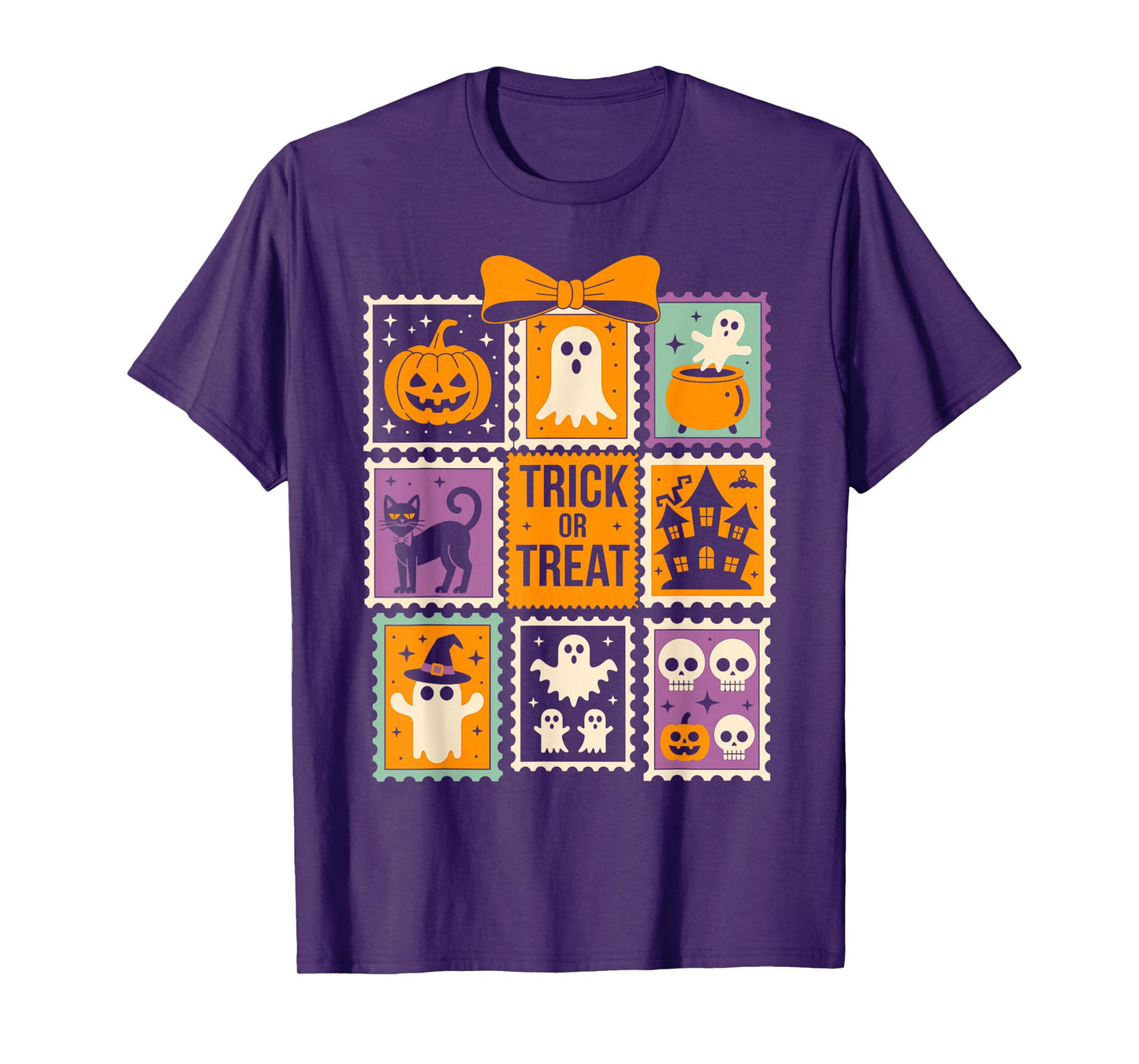 Halloween Stamps Spooky Pumpkin Ghost Cat Witch Skeleton T-Shirt