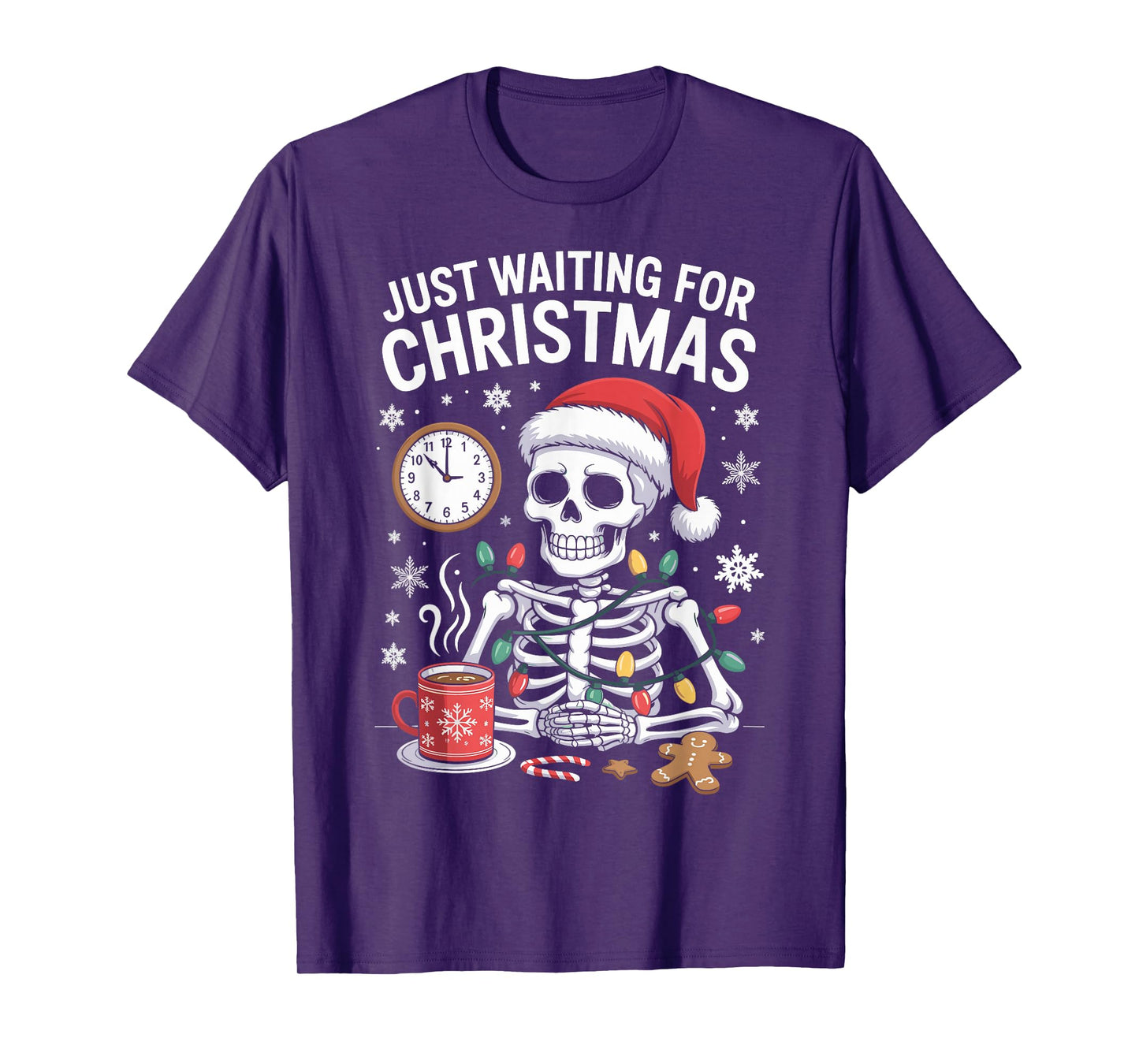 Just Waiting for Christmas Skeleton in Santa Hat Men Women T-Shirt