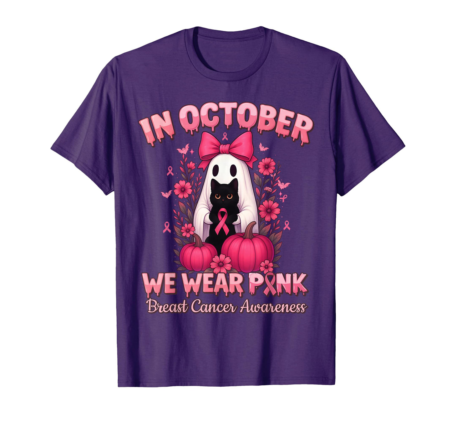 in October We Wear Pink Ghost Witch Breast Cancer Awareness T-Shirt