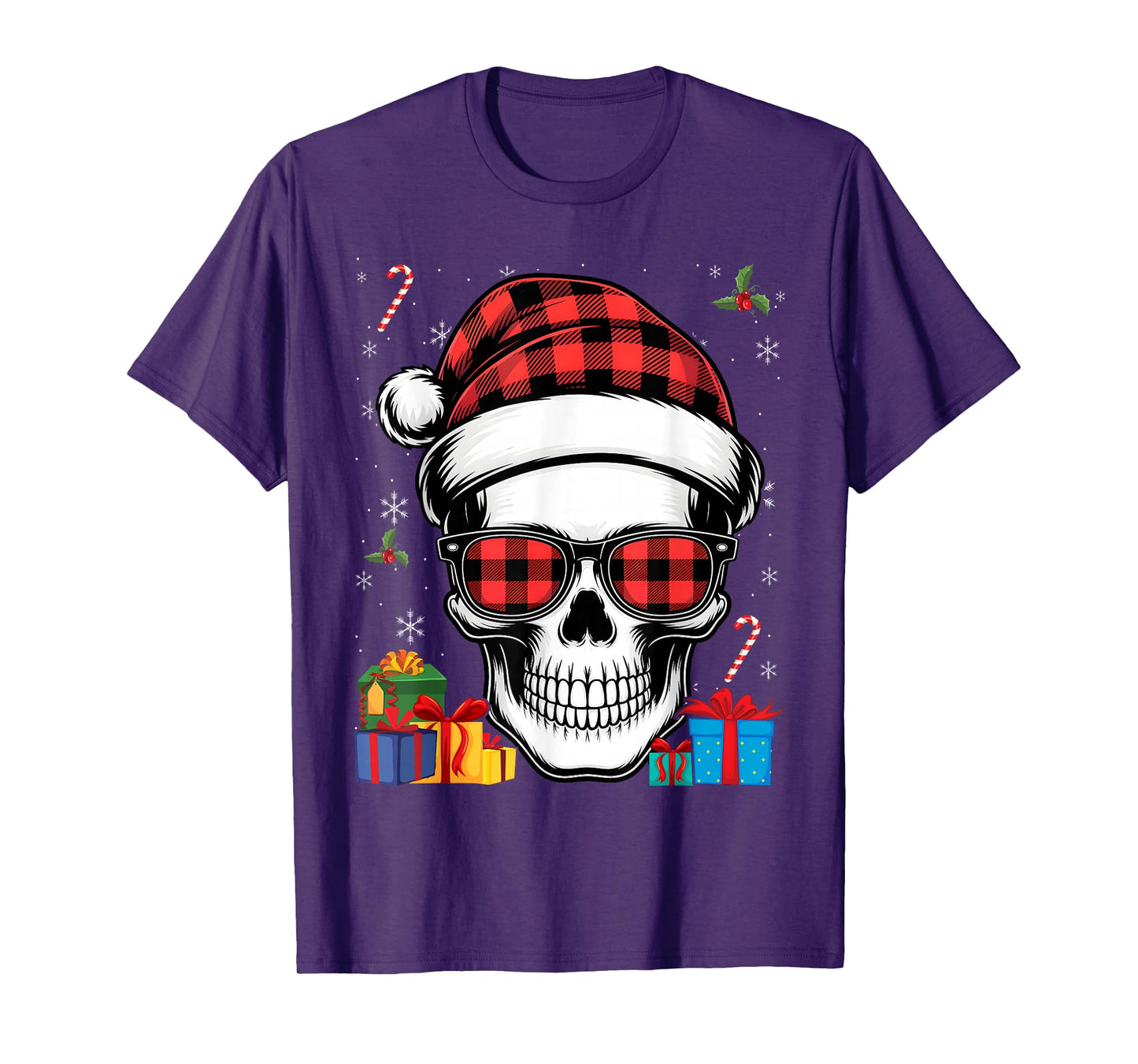 Skull Plaid Santa Hat Christmas Pajama Cool Skeleton X-Mas T-Shirt
