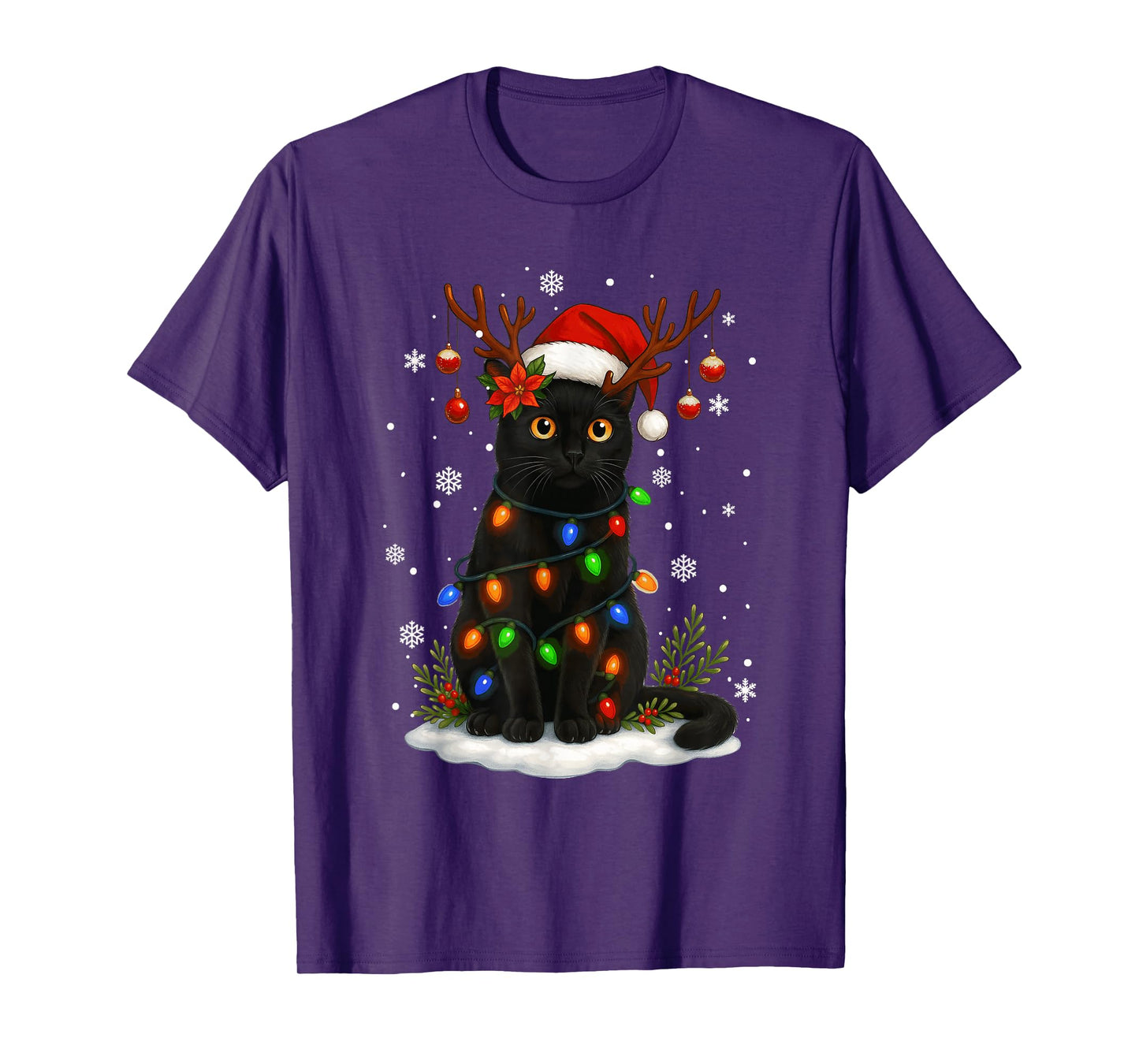 Black Cat Christmas Santa Hat Lights Funny Cats Women Mom T-Shirt