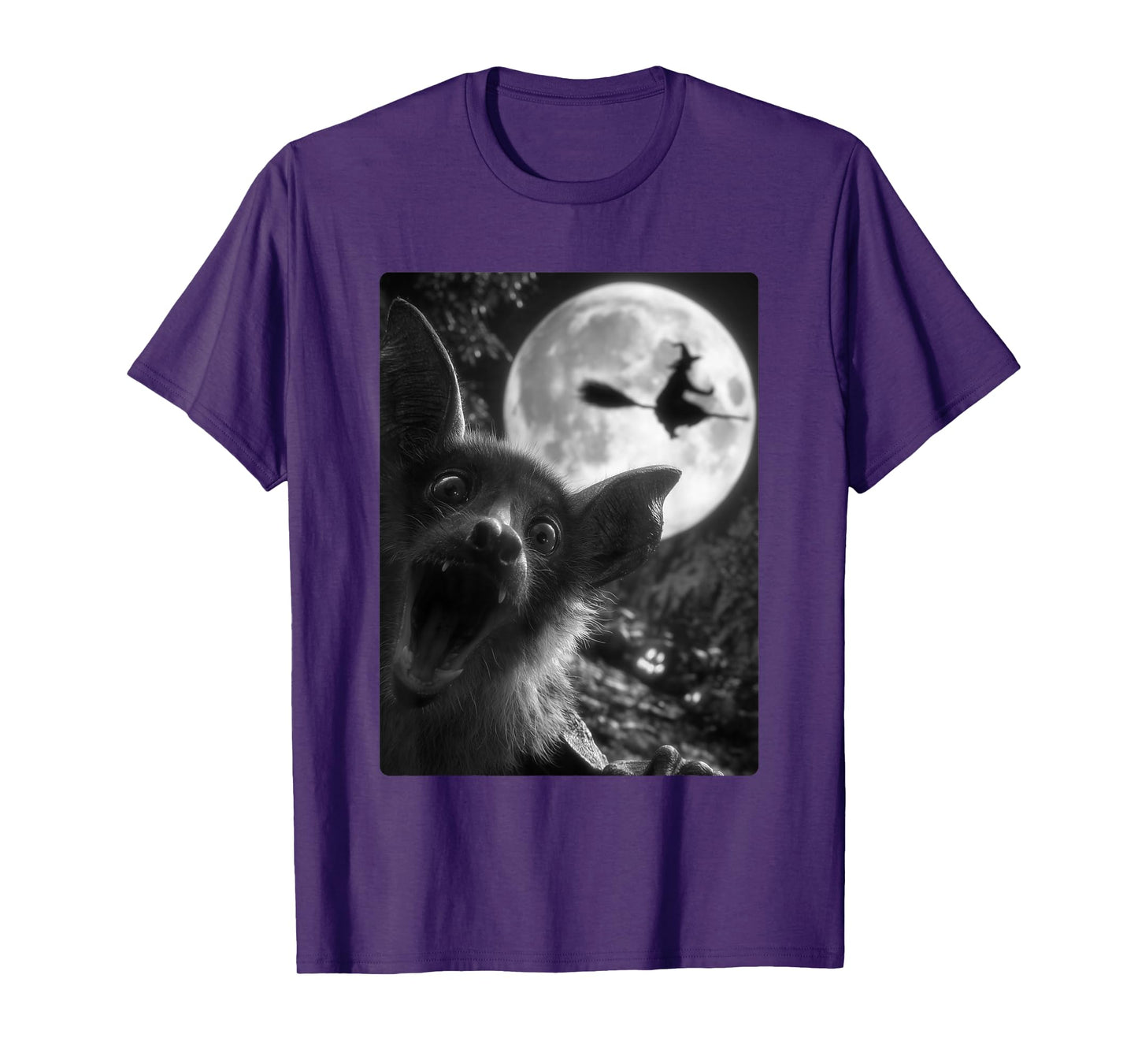 Funny Bat Selfie Full Moon Flying Witch Forest Halloween T-Shirt
