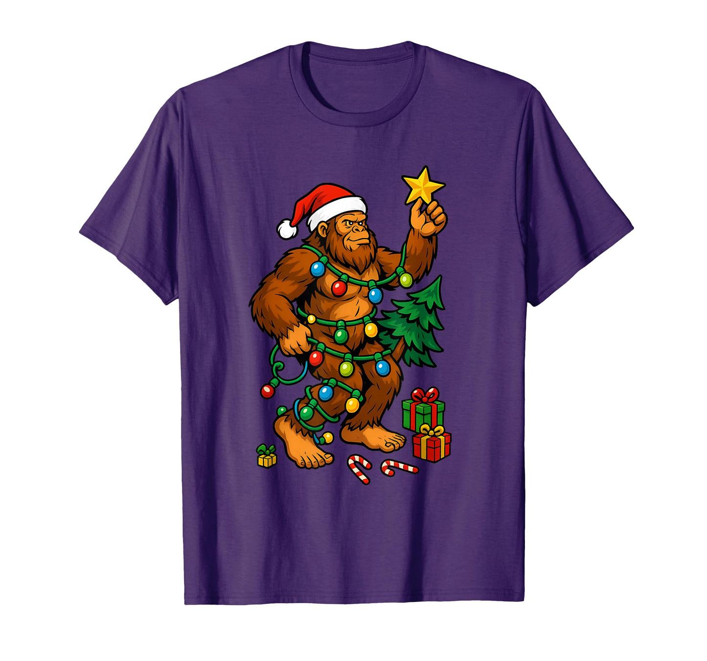 Bigfoot Tree Christmas Lights Snowflake Holiday Candy Xmas T-Shirt