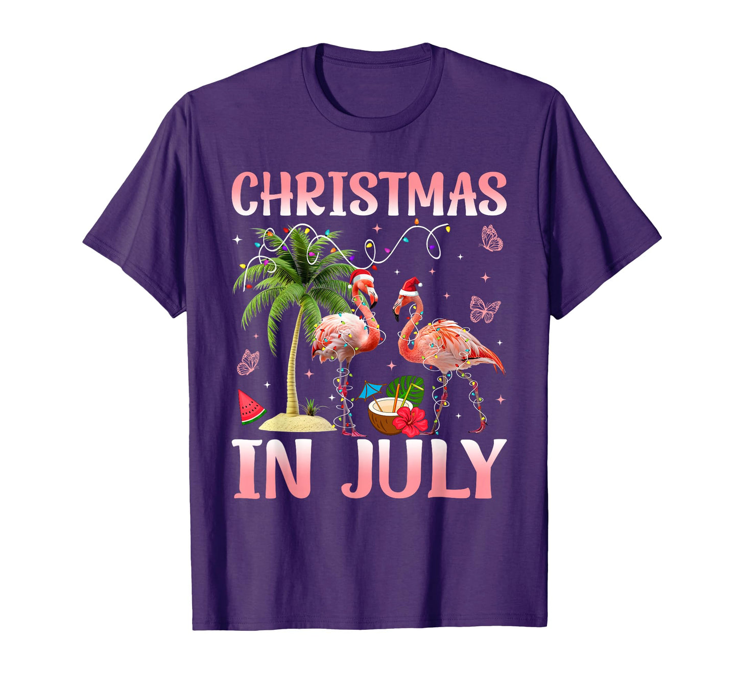 Christmas in July Pink Flamingo Santa Hat Christmas Lights T-Shirt