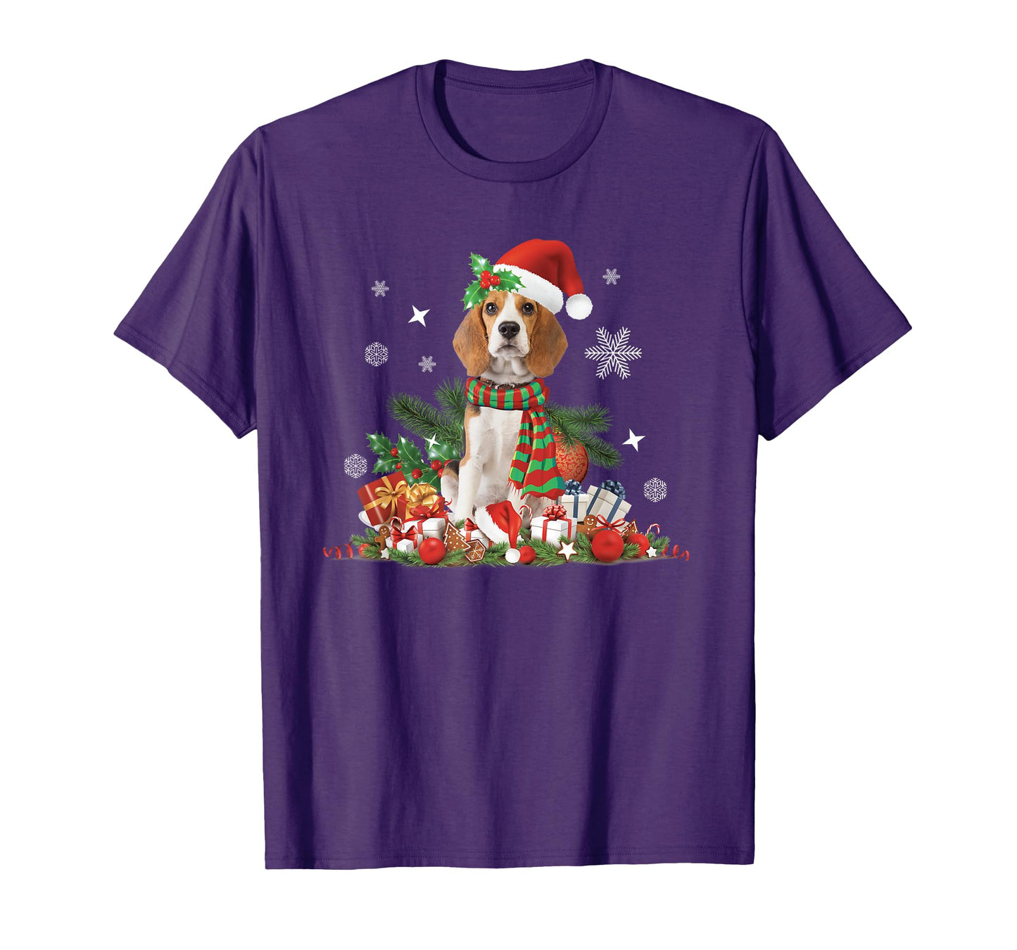 Christmas, Beagle Dog, Santa Hat Lights Presents Decoration T-Shirt
