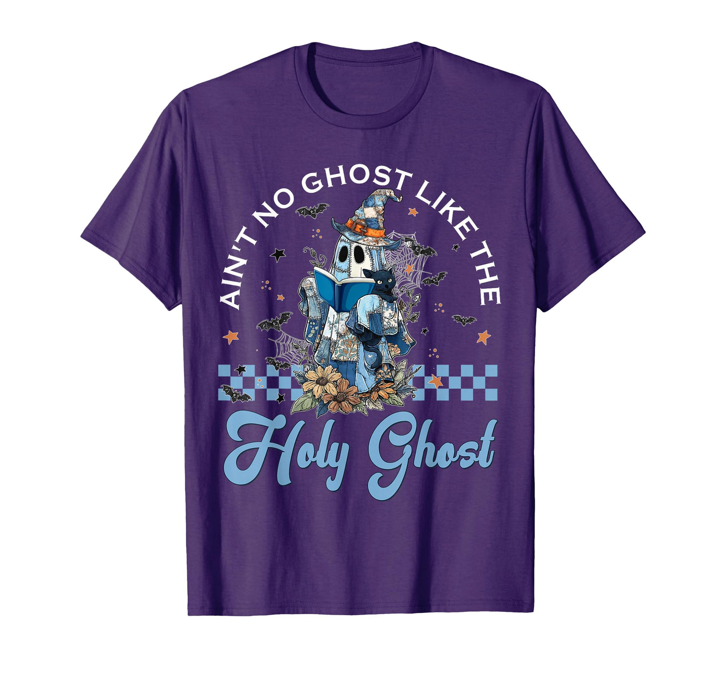 Retro Checkered Floral Denim Ghost Black Cat Witch Halloween T-Shirt