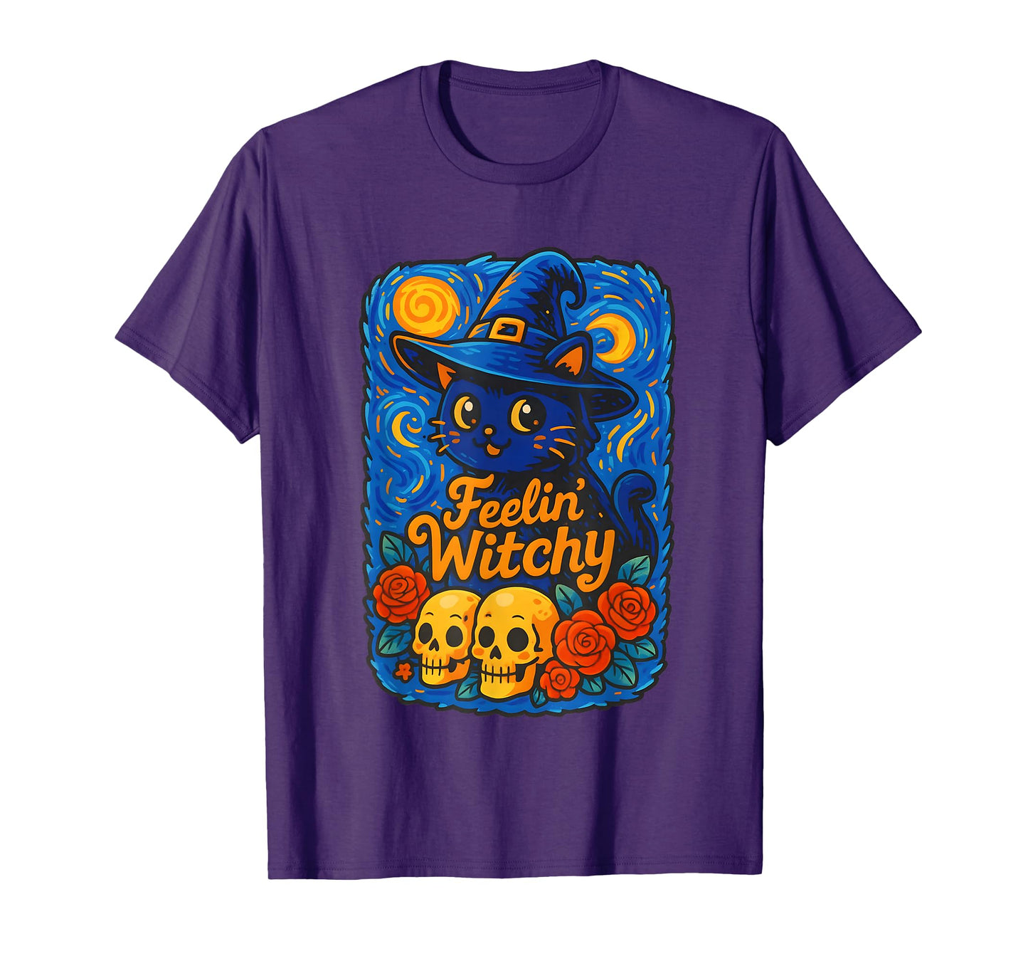 Hallowen Black Cat Witch Hat with Skulls & Roses T-Shirt