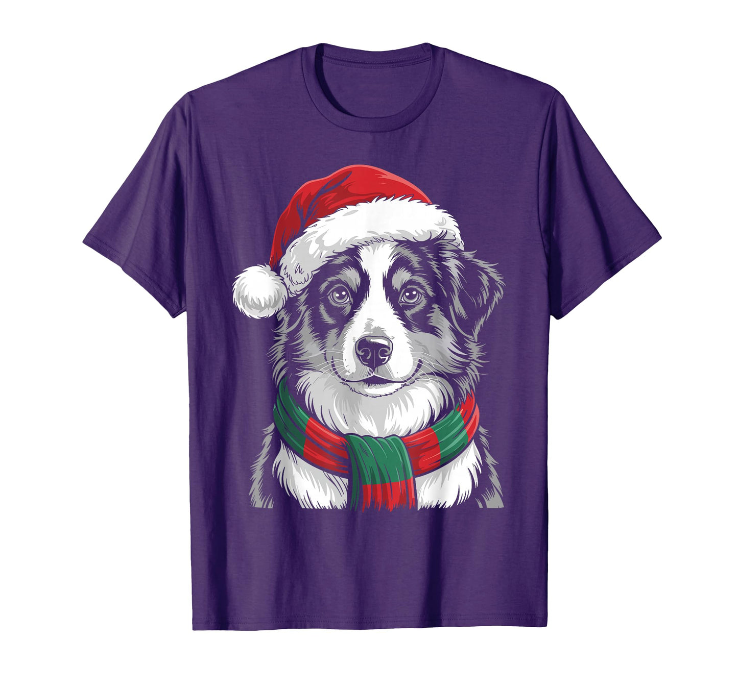 Australian Shepherd Dog Santa Hat Scarf Christmas Costume T-Shirt