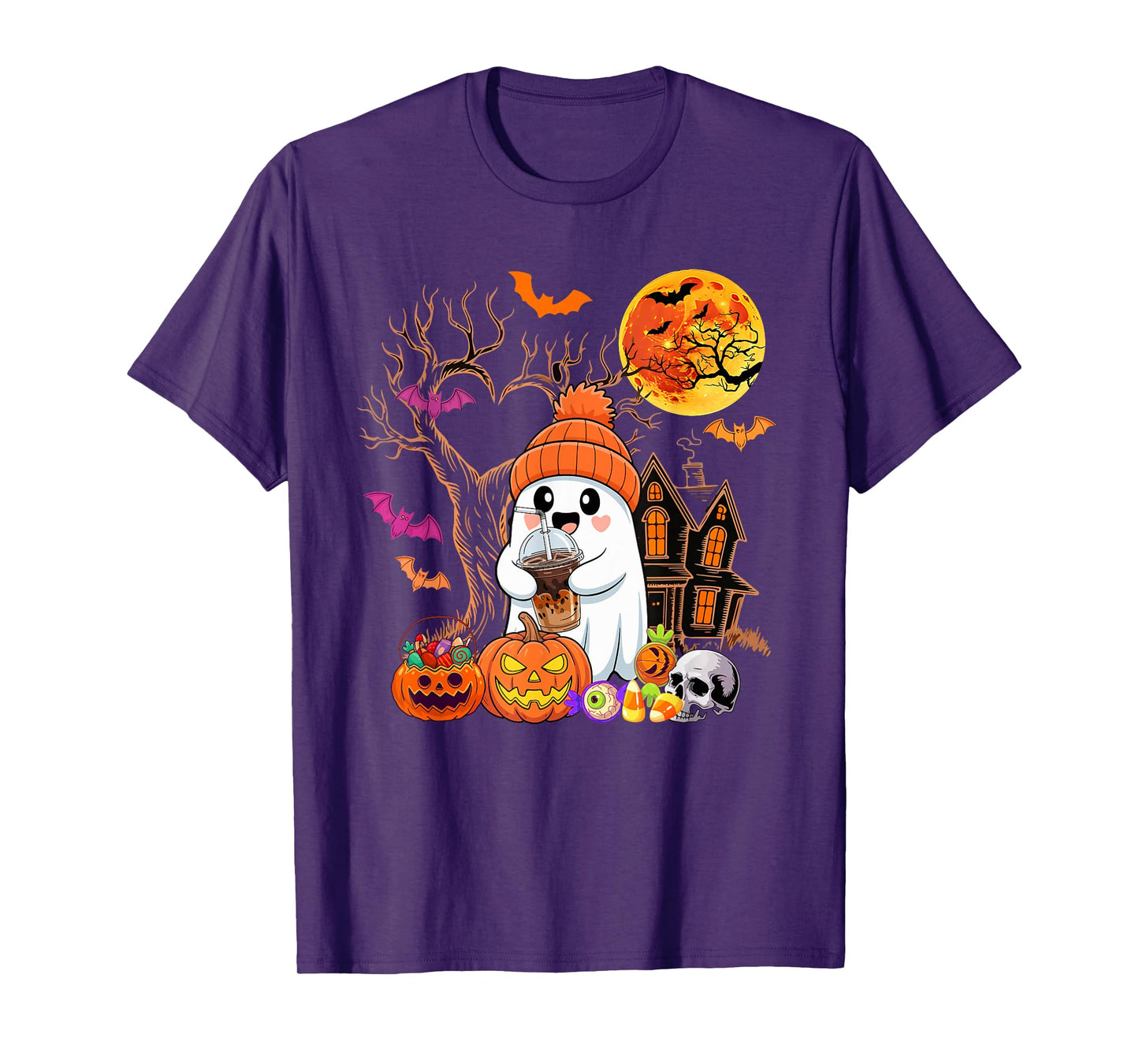Boo Drinking Coffee Halloween Carved Pumpkin Funny Parties T-Shirt
