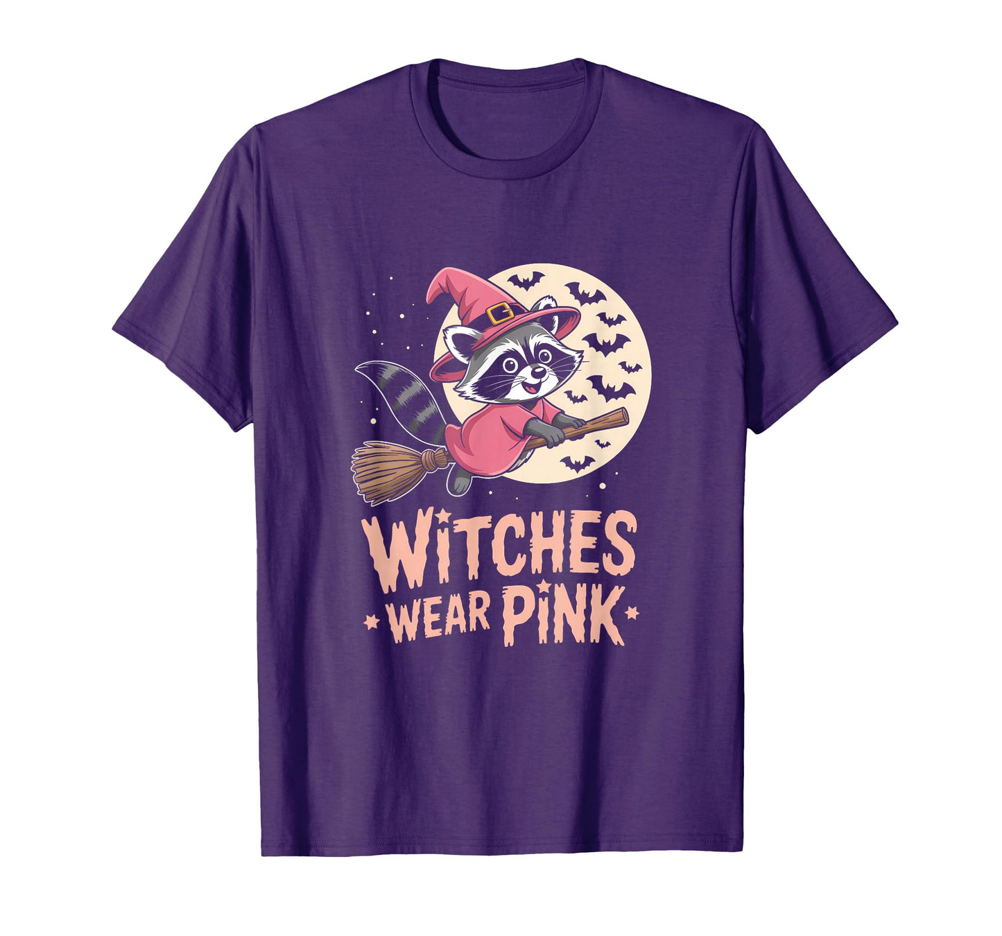 Witches Wear Pink Breast Cancer Witch Raccoon Halloween T-Shirt