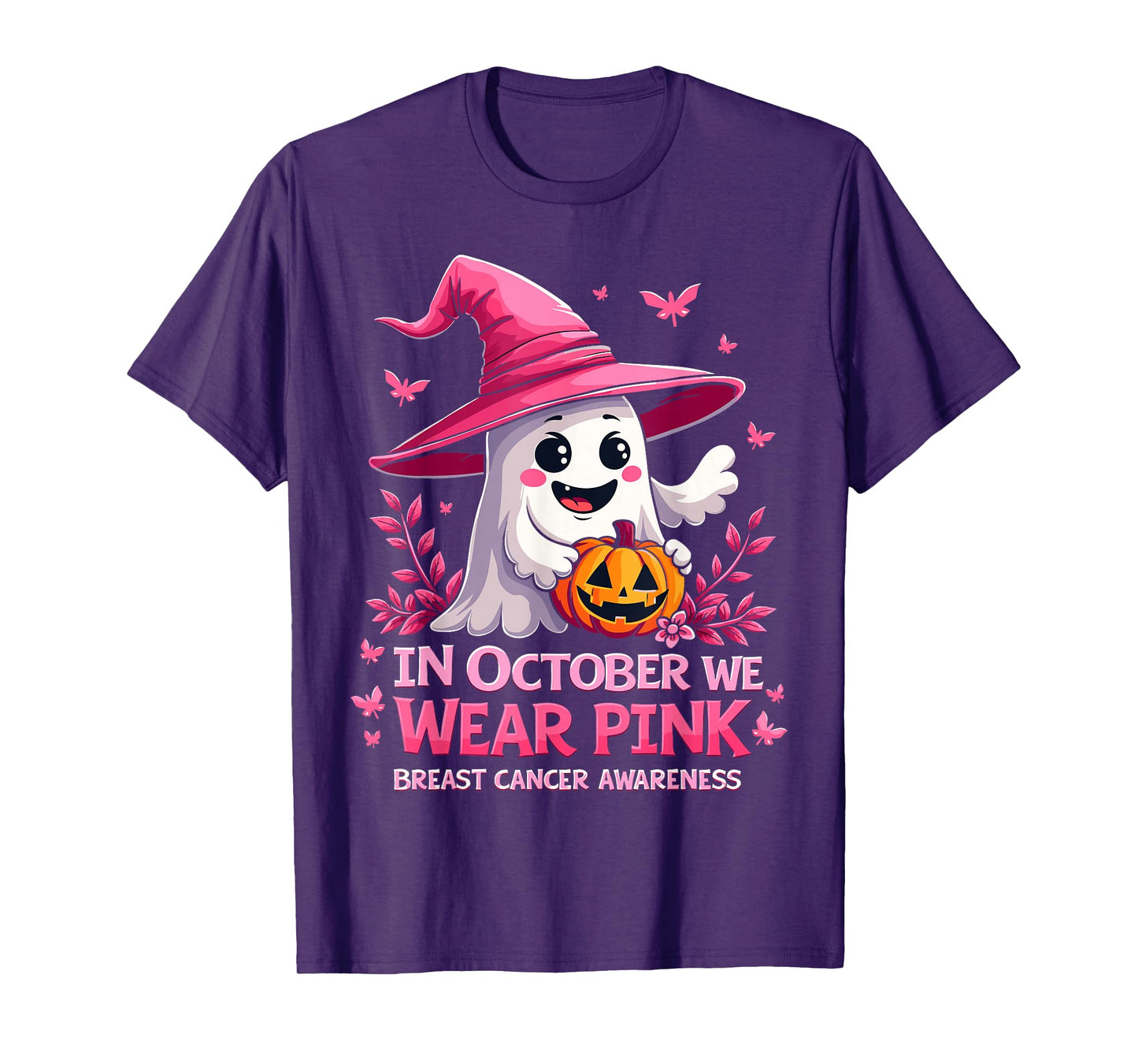 in October We Wear Pink Ghost Witch Breast Cancer Awareness T-Shirt