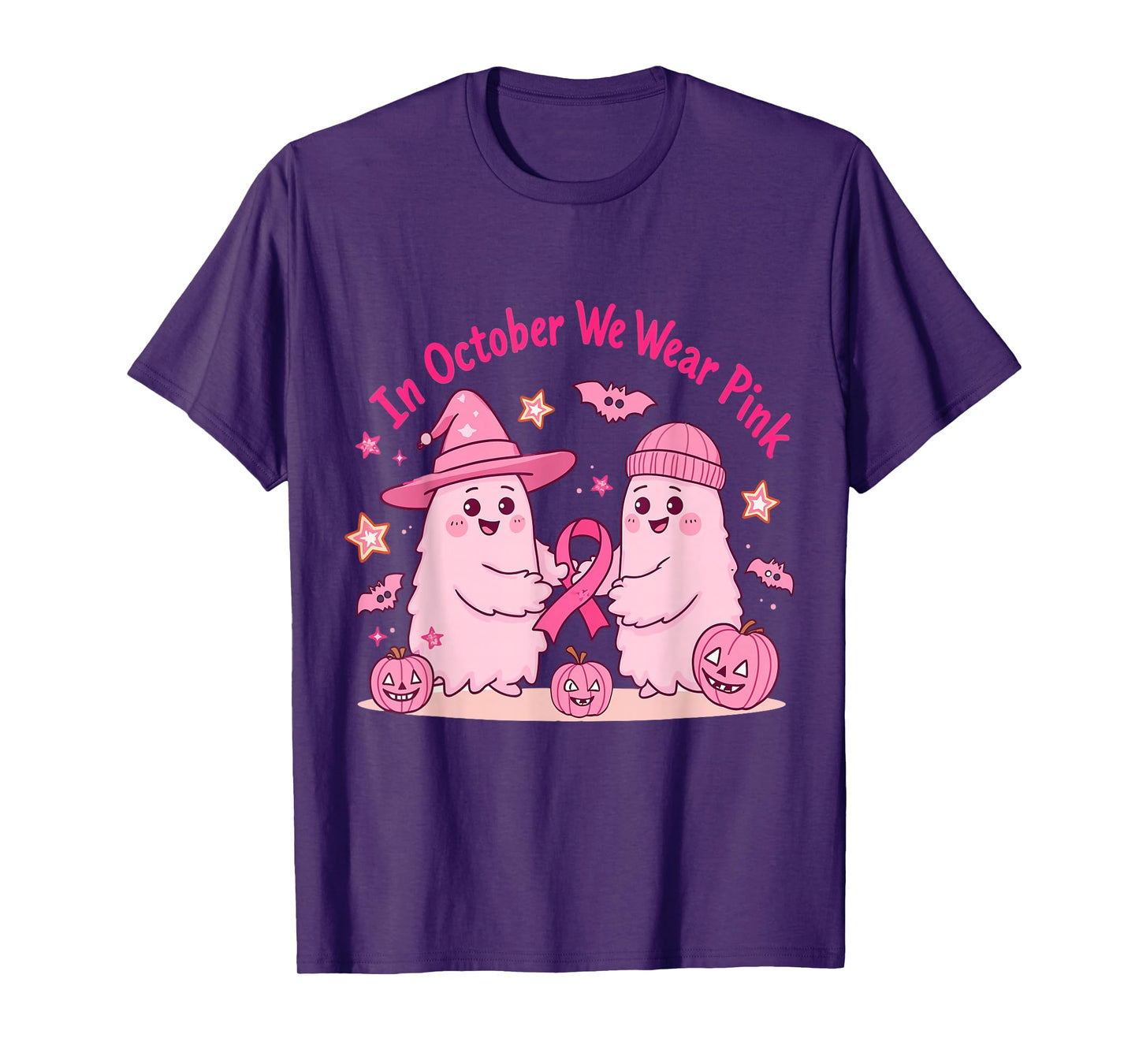 in October We Wear Pink Ghost Witch Breast Cancer Awareness T-Shirt