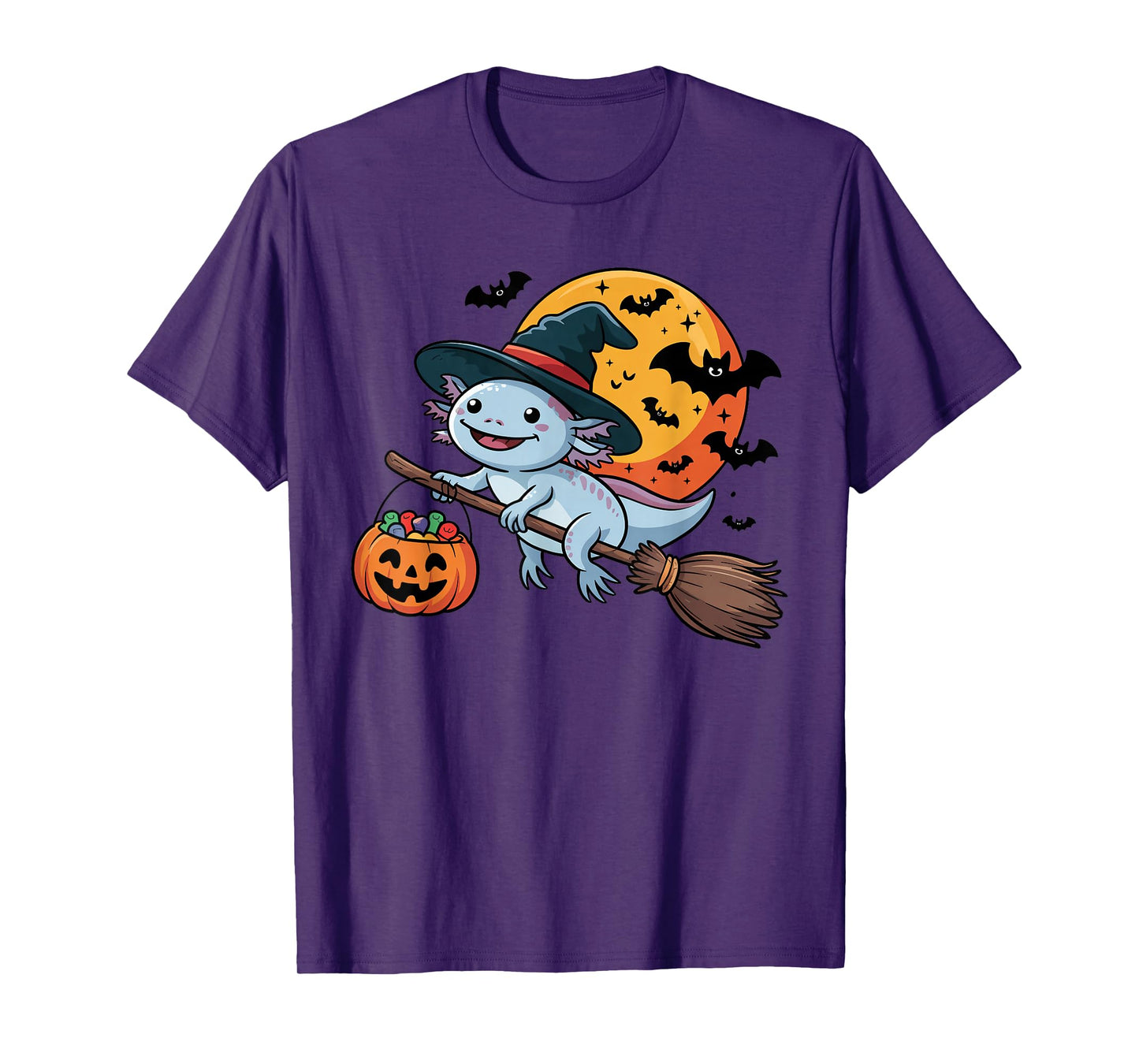 Cute Axolotl Witch Riding Broom Halloween Pumpkin Kids Boys T-Shirt